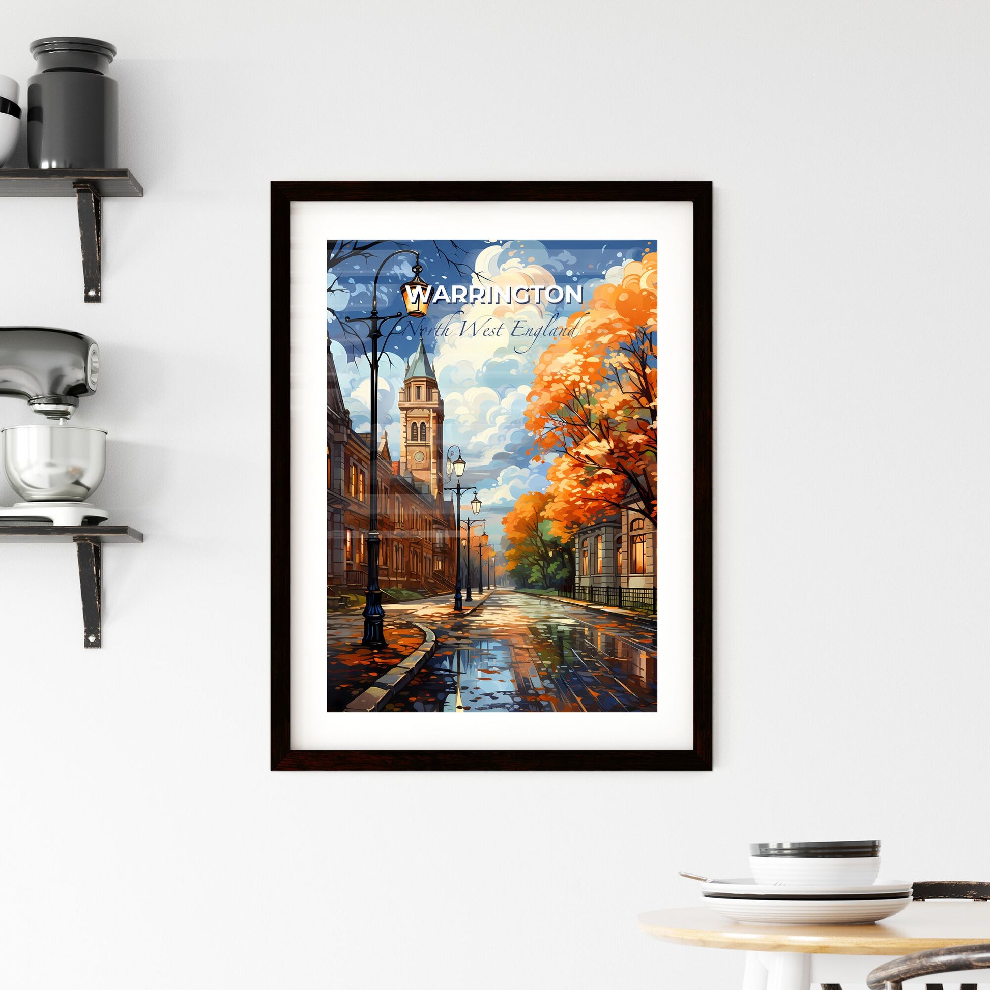Warrington, North West England, A Poster of a street with trees and a clock tower Default Title