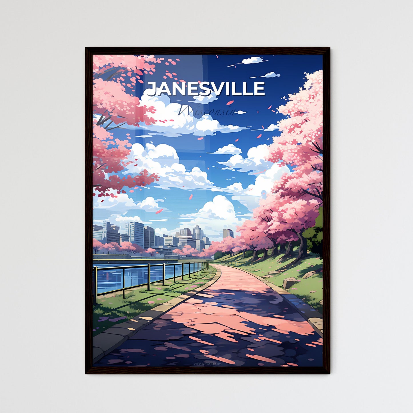 Janesville, Wisconsin, A Poster of a path with pink trees and a city in the background Default Title
