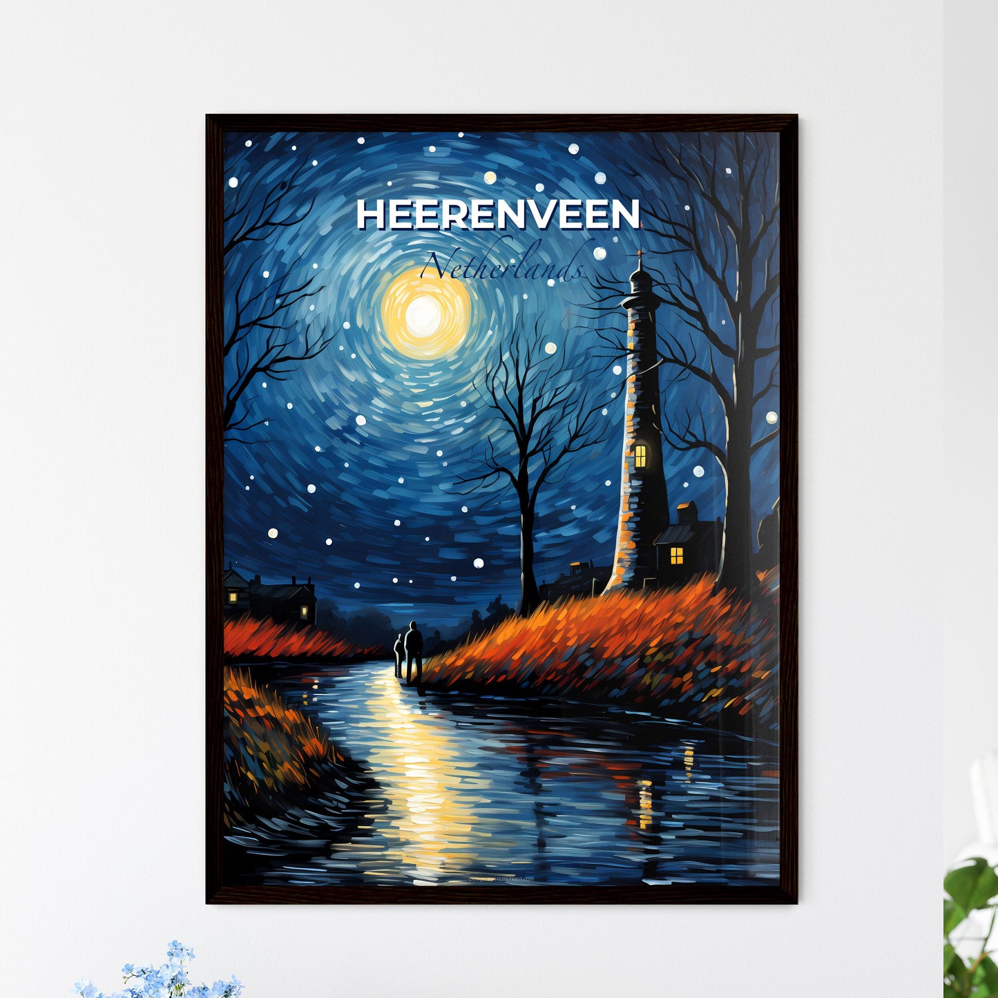 Heerenveen, Netherlands, A Poster of a painting of a couple walking on a river with a lighthouse in the background Default Title