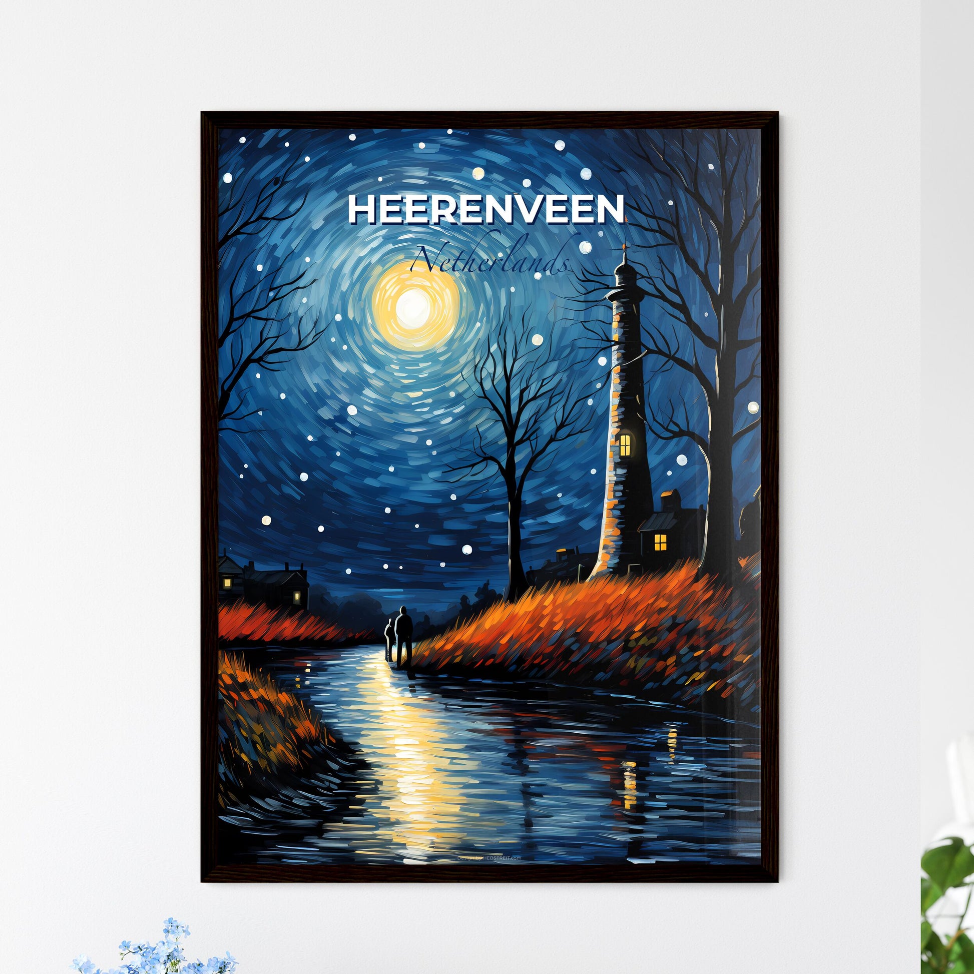 Heerenveen, Netherlands, A Poster of a painting of a couple walking on a river with a lighthouse in the background Default Title