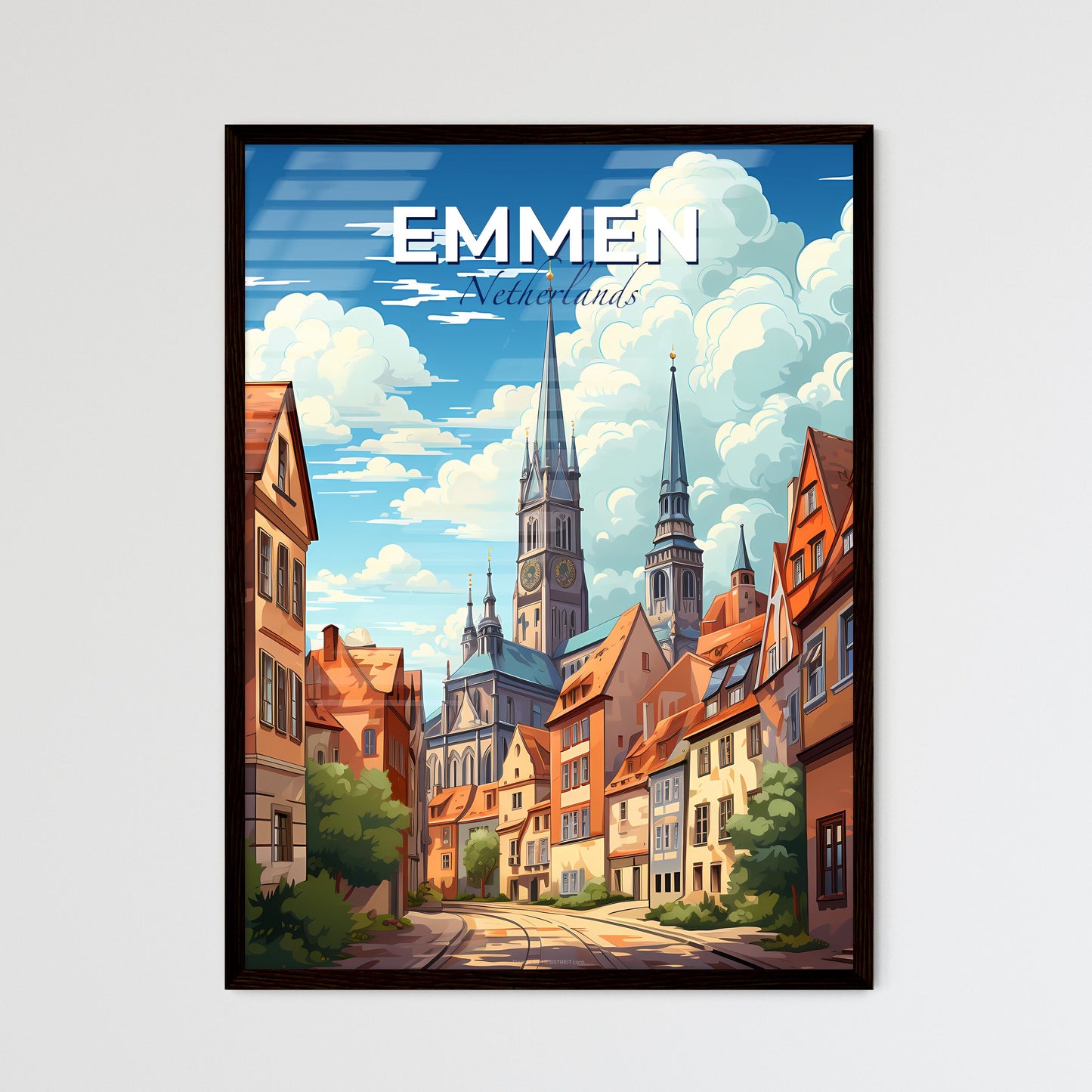 Emmen, Netherlands, A Poster of a city with a church and buildings Default Title