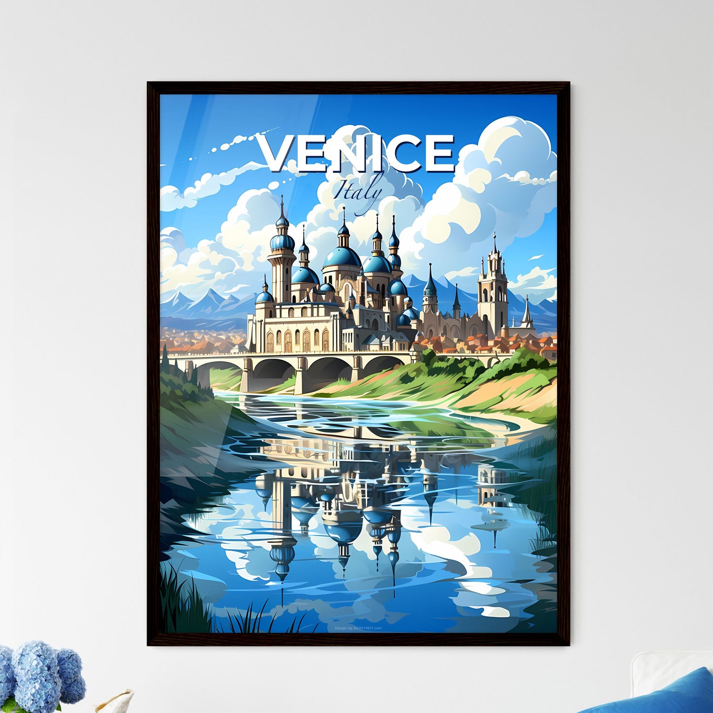 Venice, Italy, A Poster of a castle with blue domes and a bridge over a river Default Title