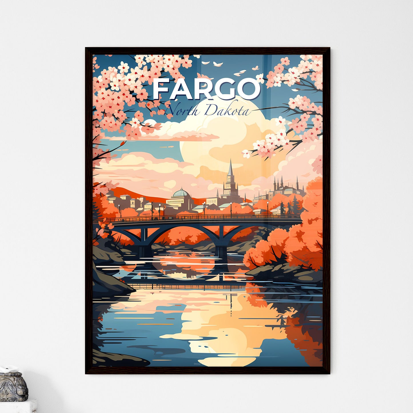 Fargo, North Dakota, A Poster of a bridge over a river with pink flowers Default Title
