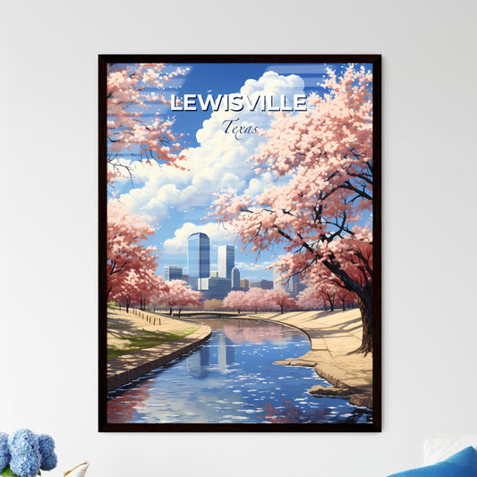 Lewisville, Texas, A Poster of a river running through a park with pink trees and buildings in the background Default Title