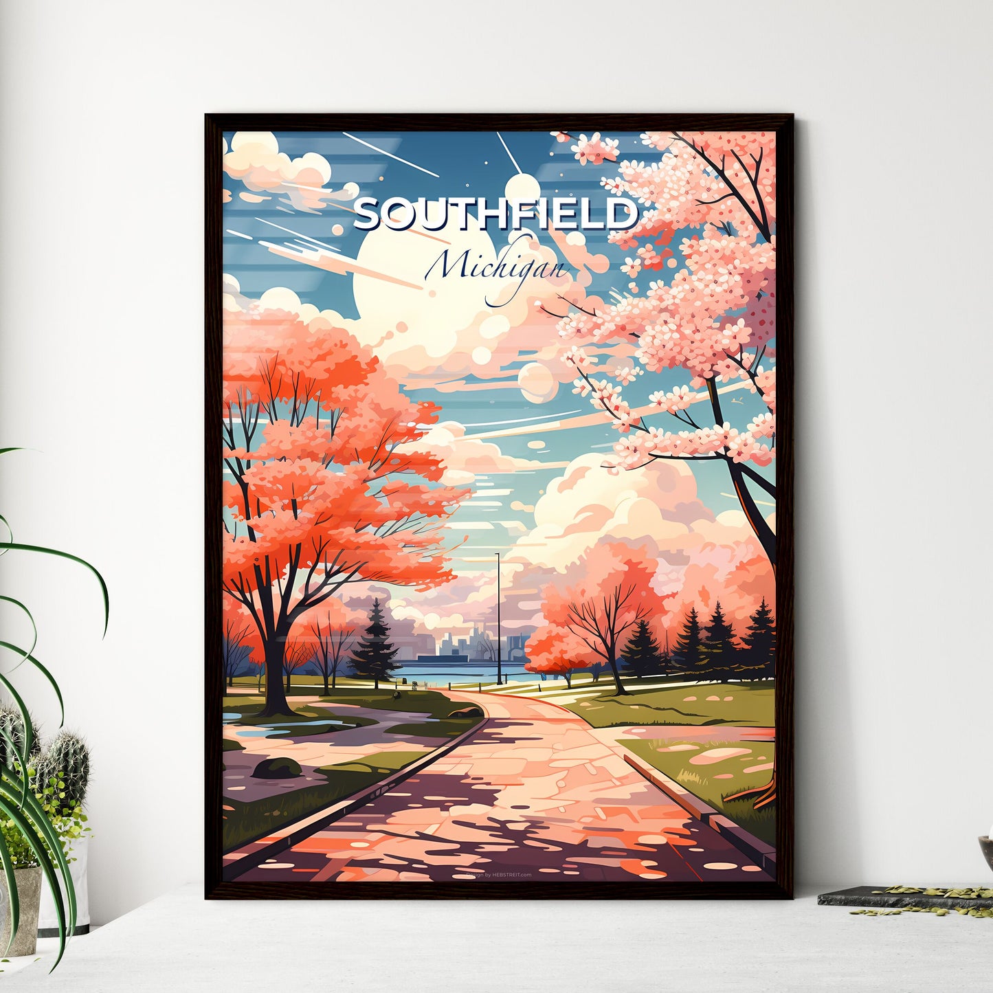 Southfield, Michigan, A Poster of a path with pink trees and a city in the background Default Title