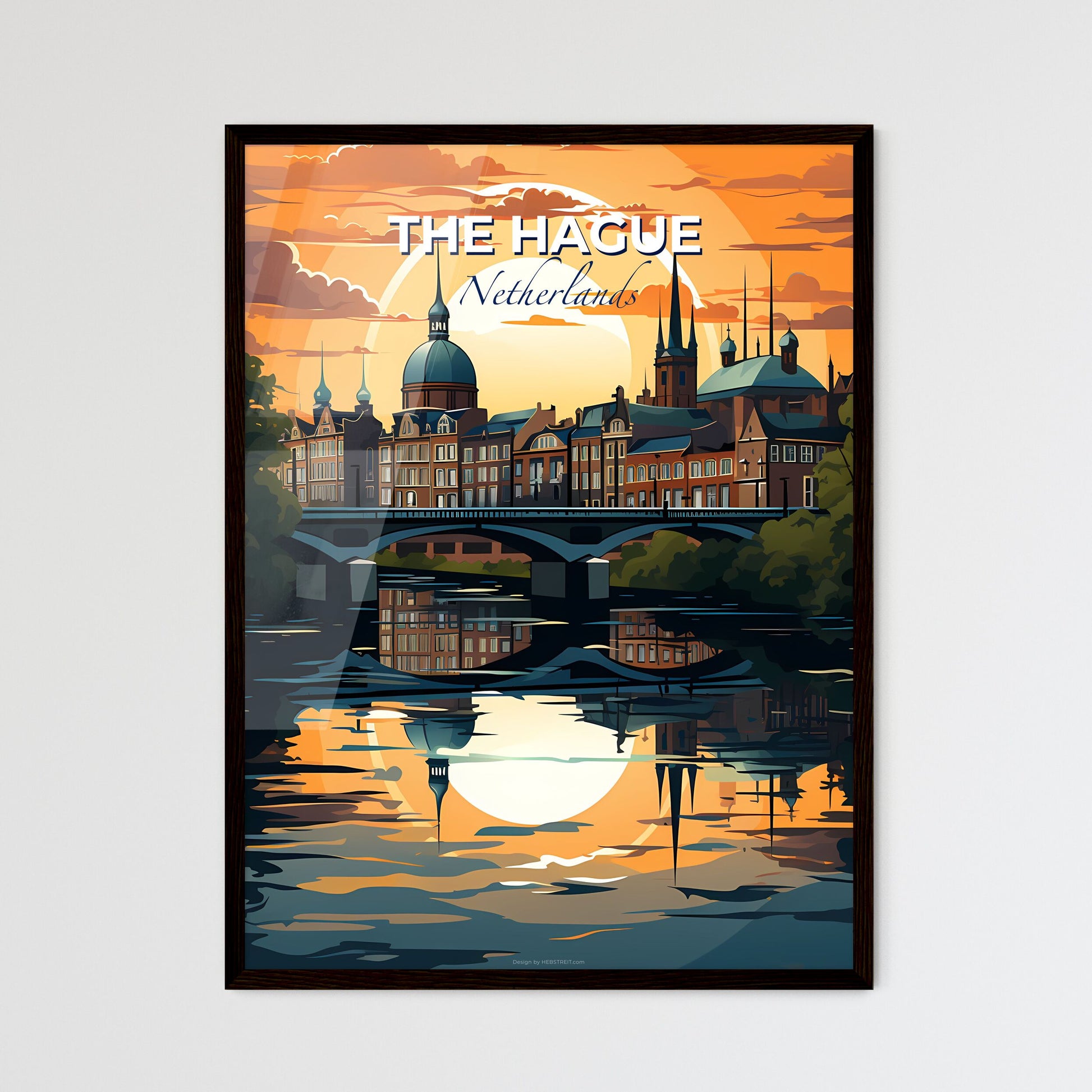 The Hague, Netherlands, A Poster of a bridge over a river with a city in the background Default Title