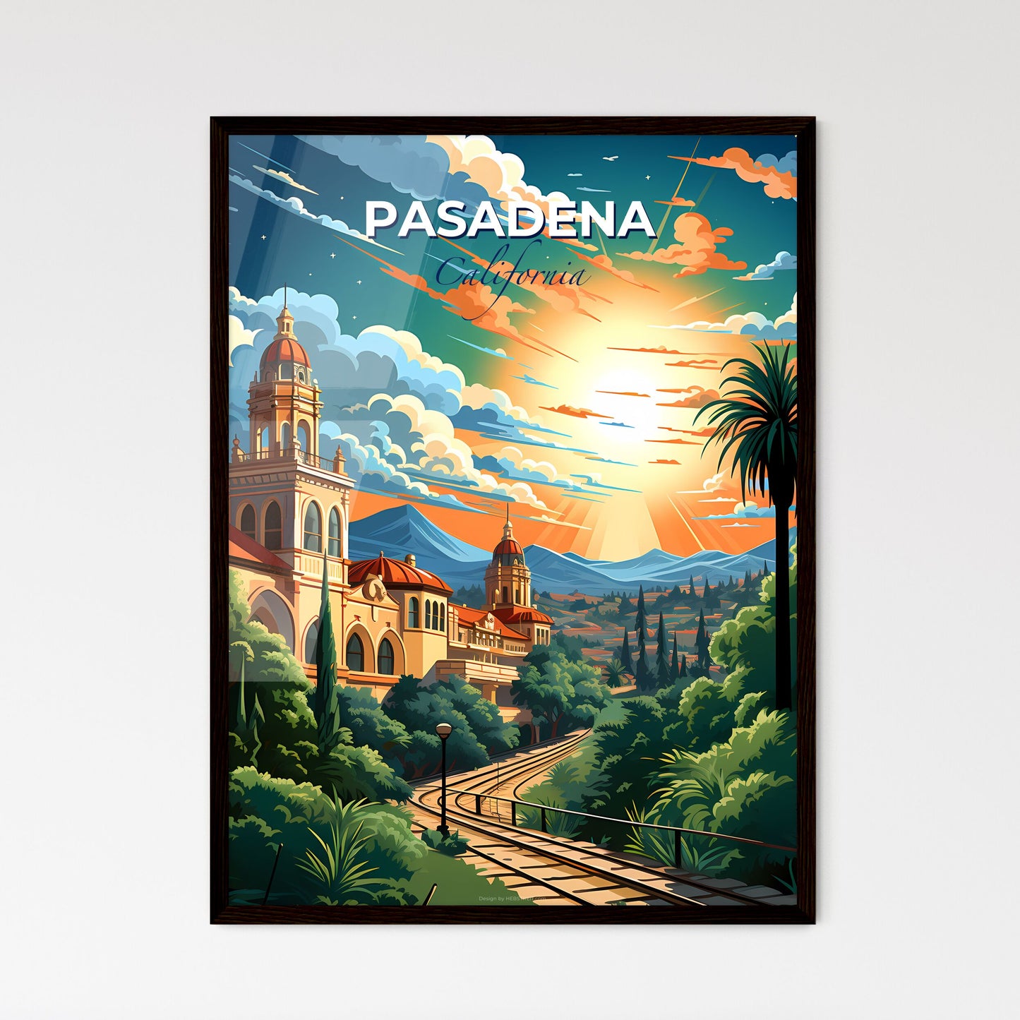 Pasadena, California, A Poster of a painting of a building with trees and mountains Default Title
