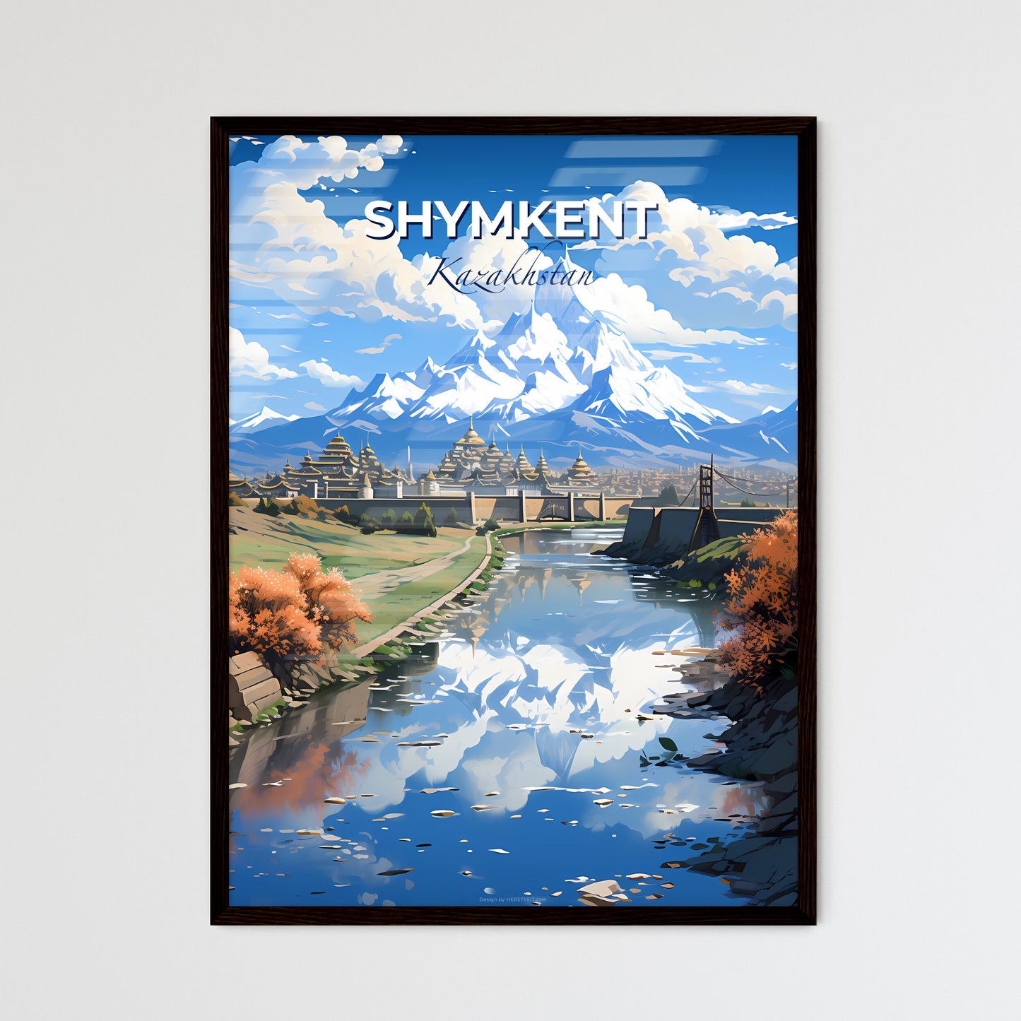 Shymkent, Kazakhstan, A Poster of a river with a bridge and a mountain in the background Default Title