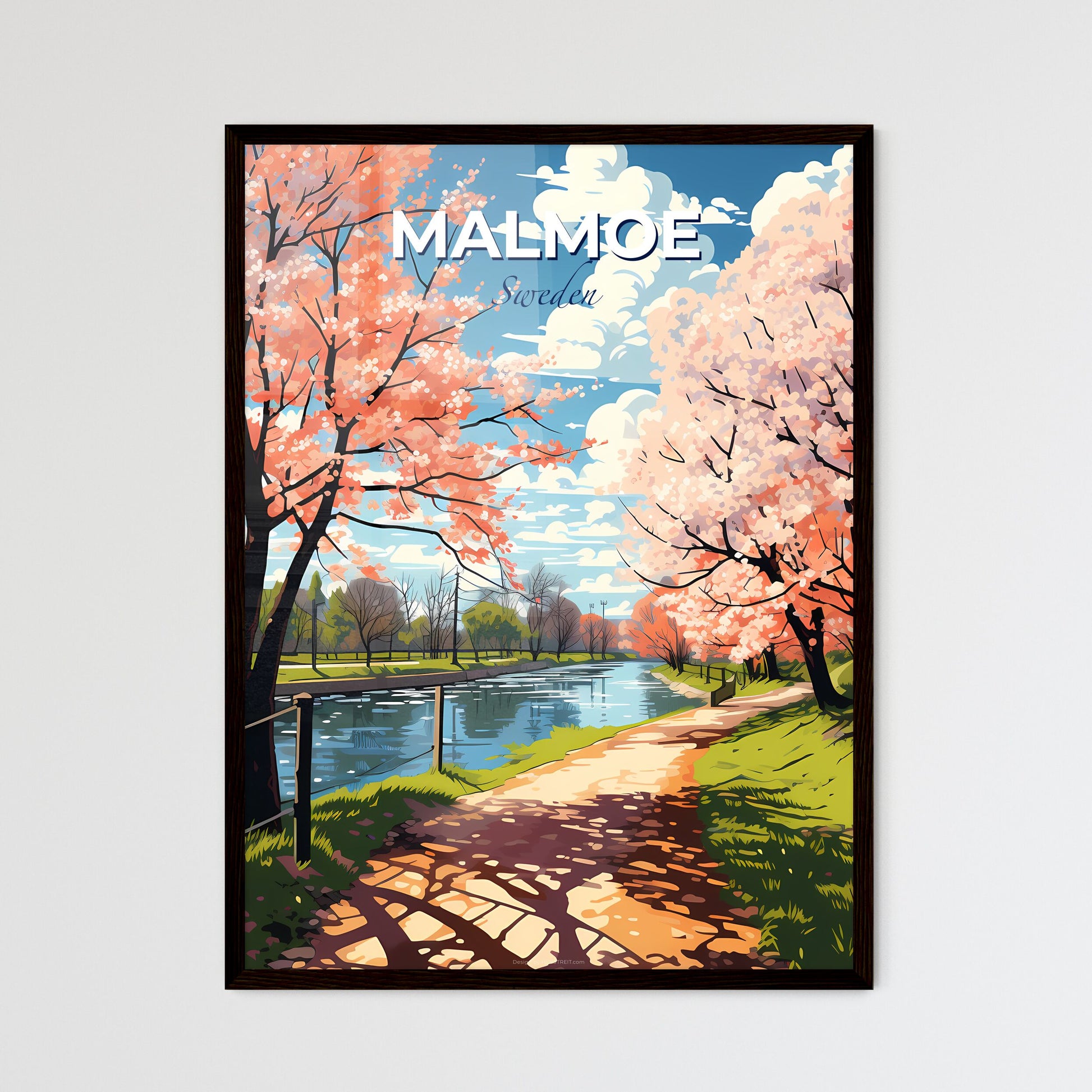 Malmoe, Sweden, A Poster of a path with pink trees and a river Default Title