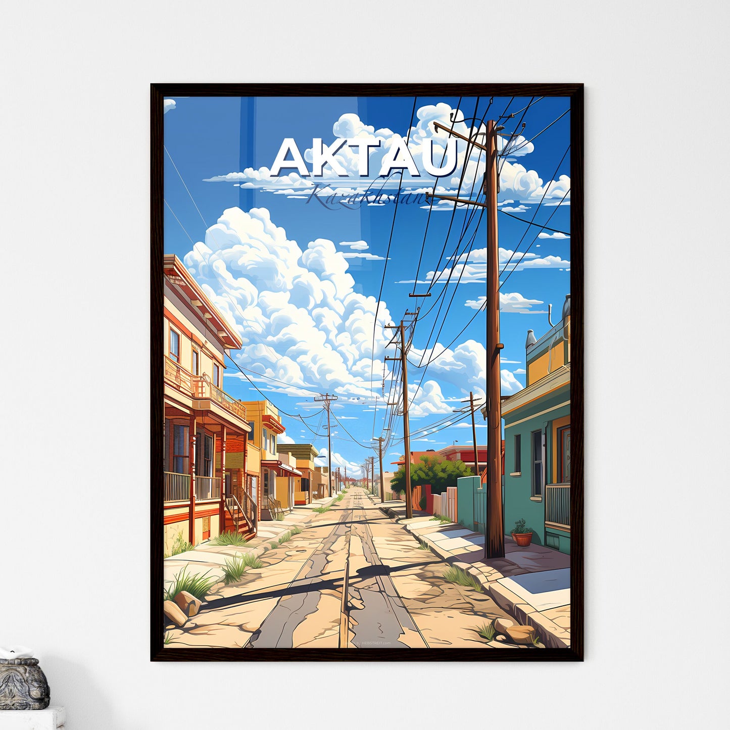Aktau, Kazakhstan, A Poster of a street with buildings and power lines Default Title