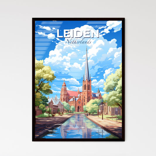 Leiden, Netherlands, A Poster of a water way with a church and trees Default Title