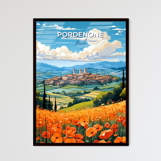 Pordenone, Italy, A Poster of a landscape with a town and orange flowers Default Title