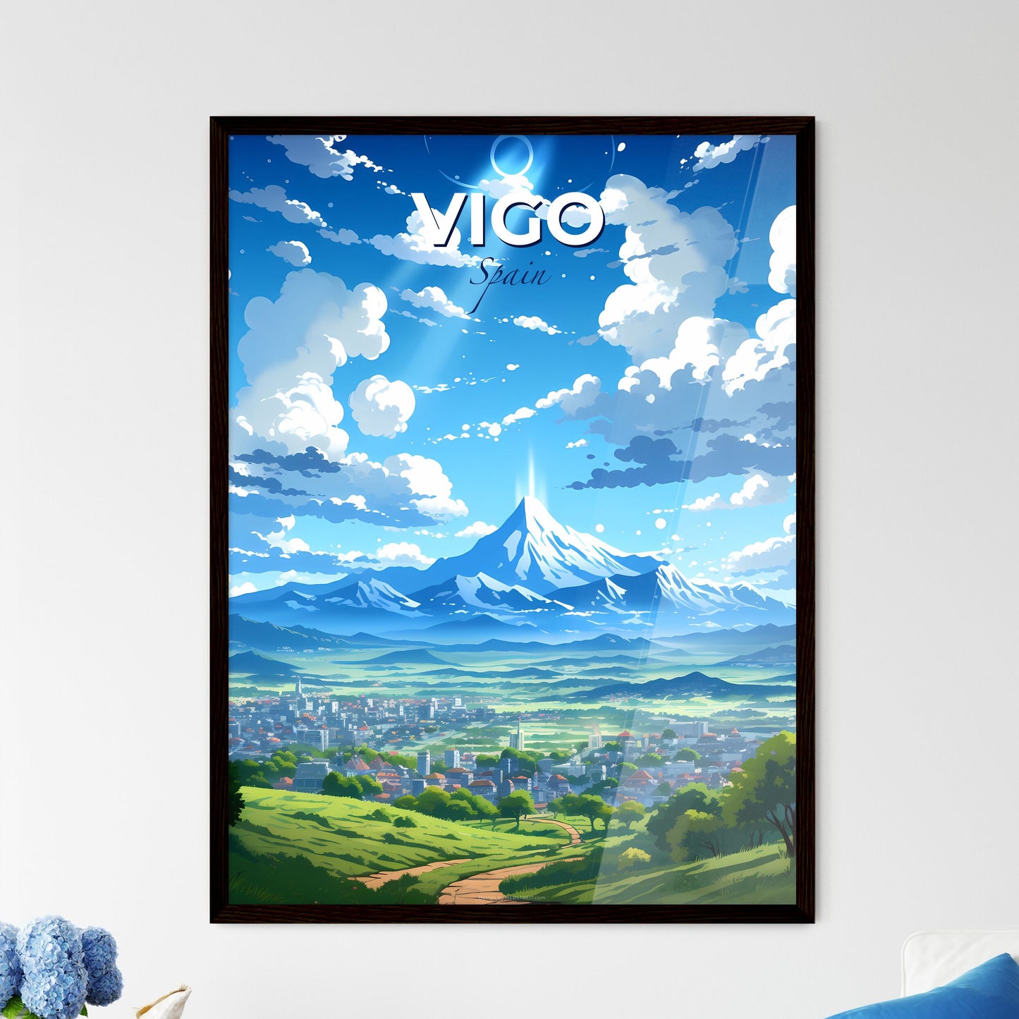 Vigo, Spain, A Poster of a landscape of a city with a mountain in the background Default Title