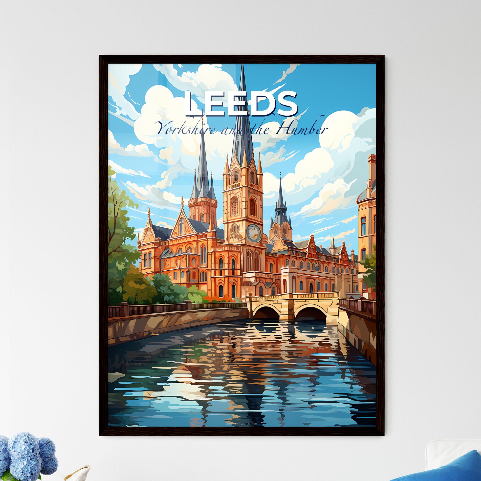 Leeds, Yorkshire and the Humber, A Poster of a large building with a clock tower and a bridge over a river Default Title