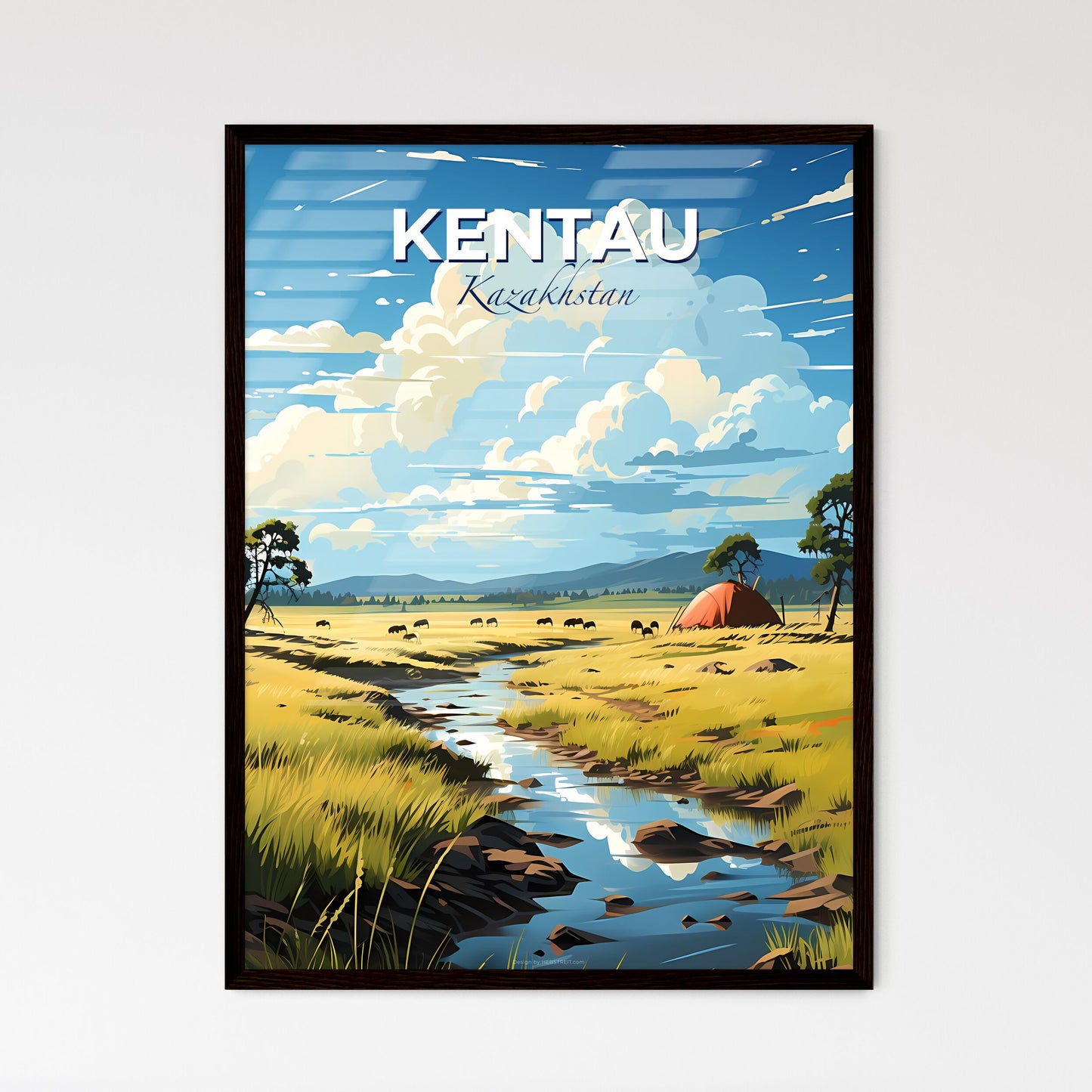 Kentau, Kazakhstan, A Poster of a stream running through a grassy field with a tent and trees Default Title