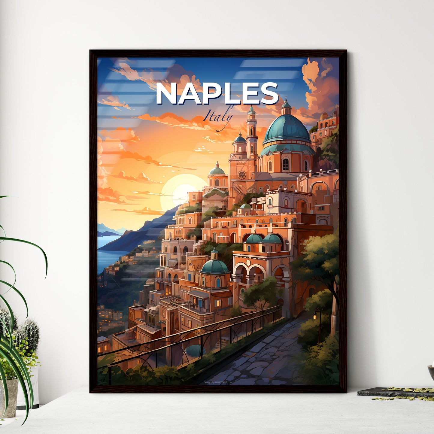 Naples, Italy, A Poster of a city on a hill with a blue dome and trees Default Title