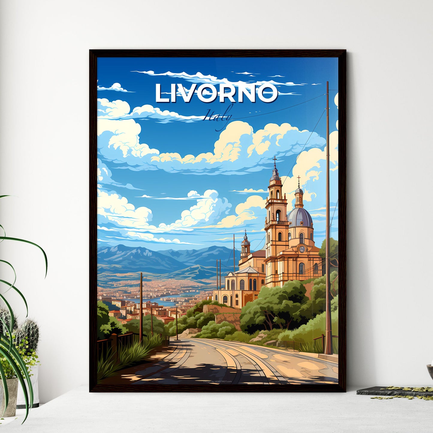 Livorno, Italy, A Poster of a road with a building and trees on it Default Title