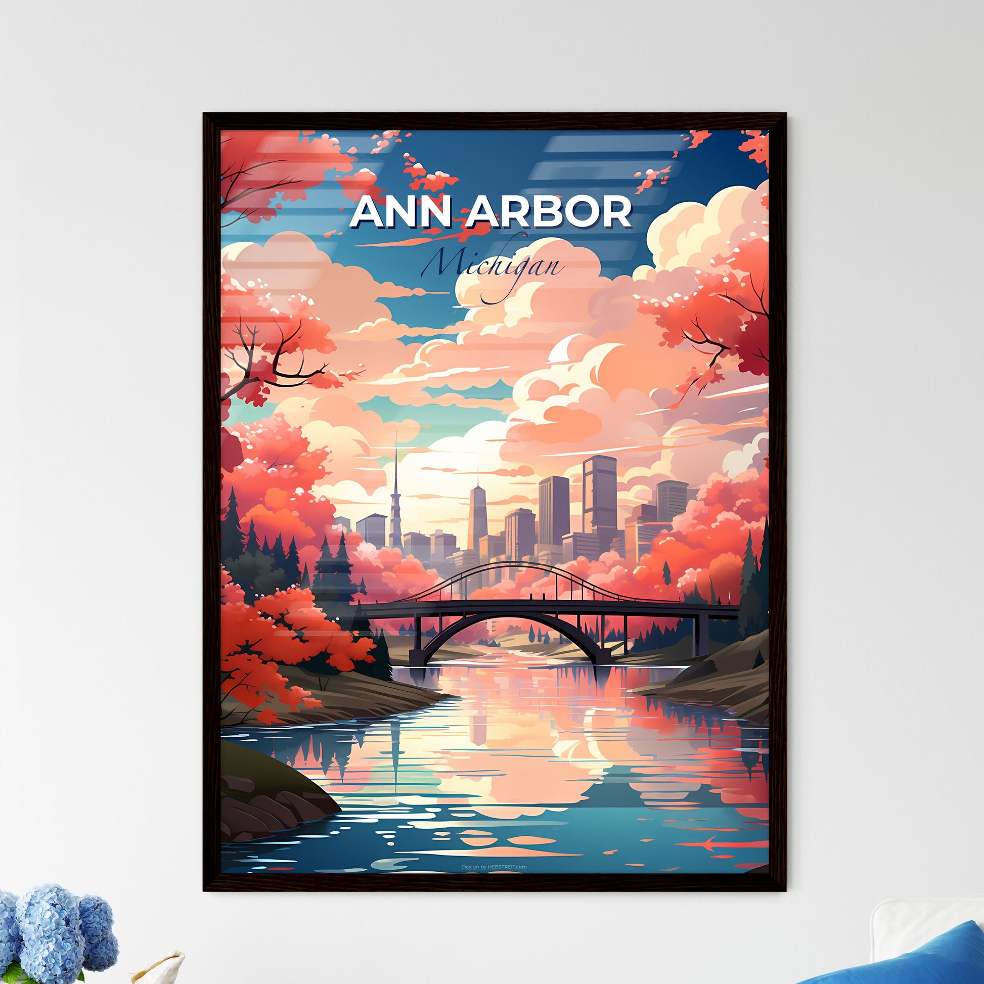 Ann Arbor, Michigan, A Poster of a bridge over a river with trees and a city in the background Default Title