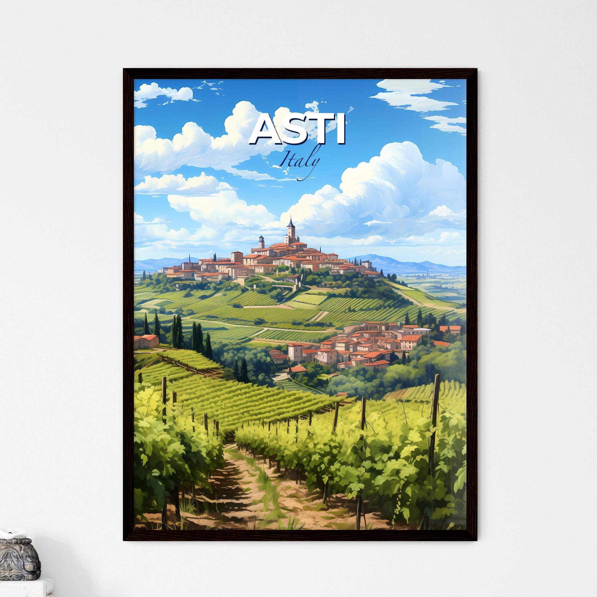 Asti, Italy, A Poster of a landscape of a town on a hill with a vineyard Default Title