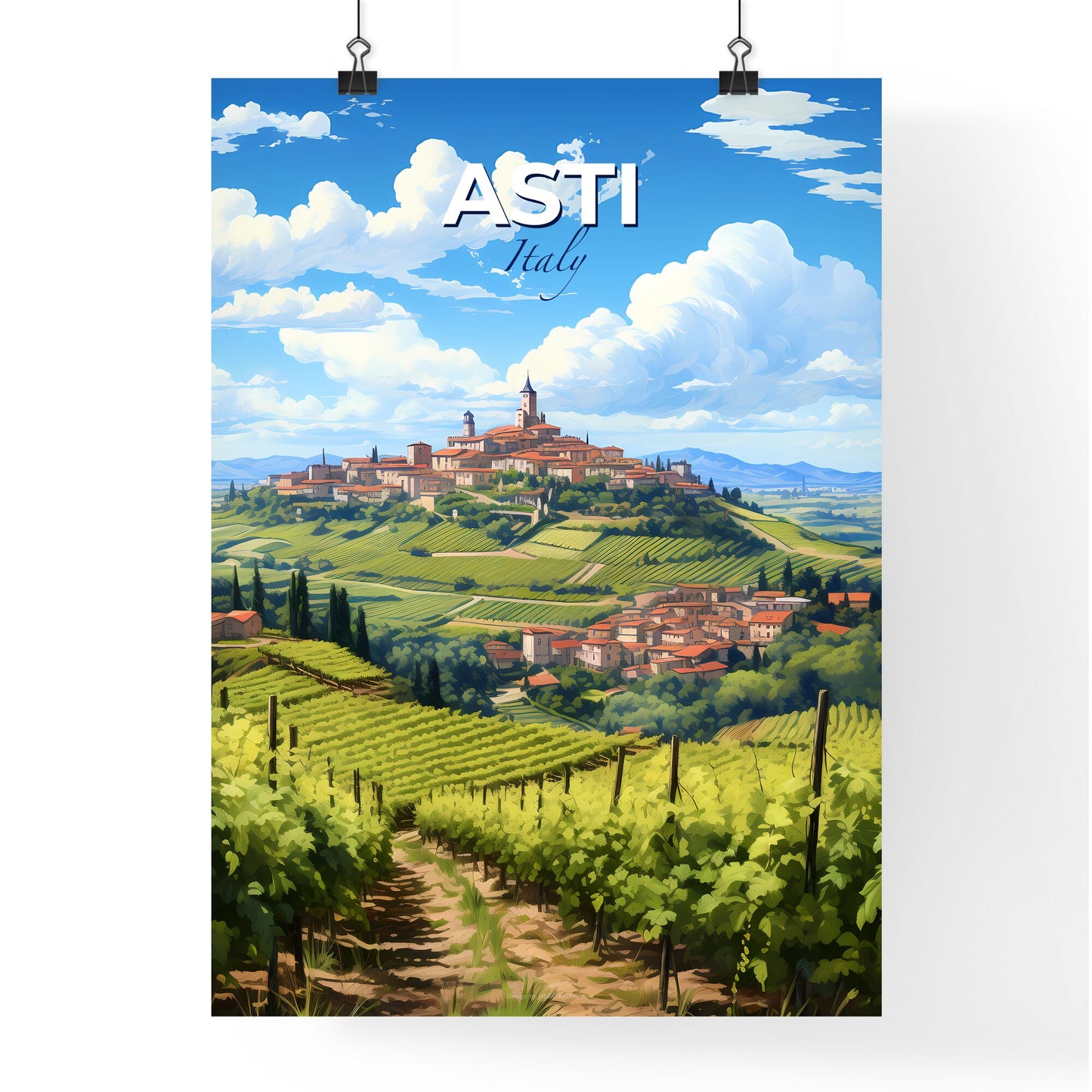 Asti, Italy, A Poster of a landscape of a town on a hill with a vineyard Default Title