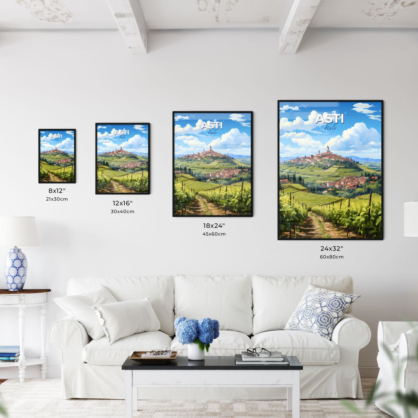Asti, Italy, A Poster of a landscape of a town on a hill with a vineyard Default Title