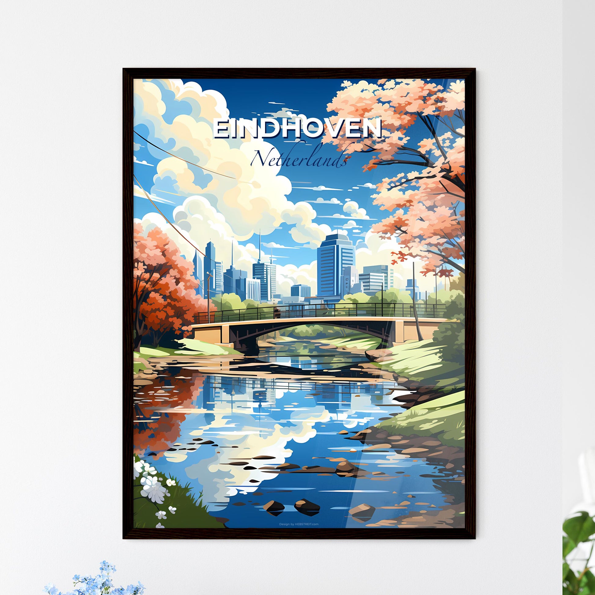 Eindhoven, Netherlands, A Poster of a bridge over a river with trees and a city in the background Default Title