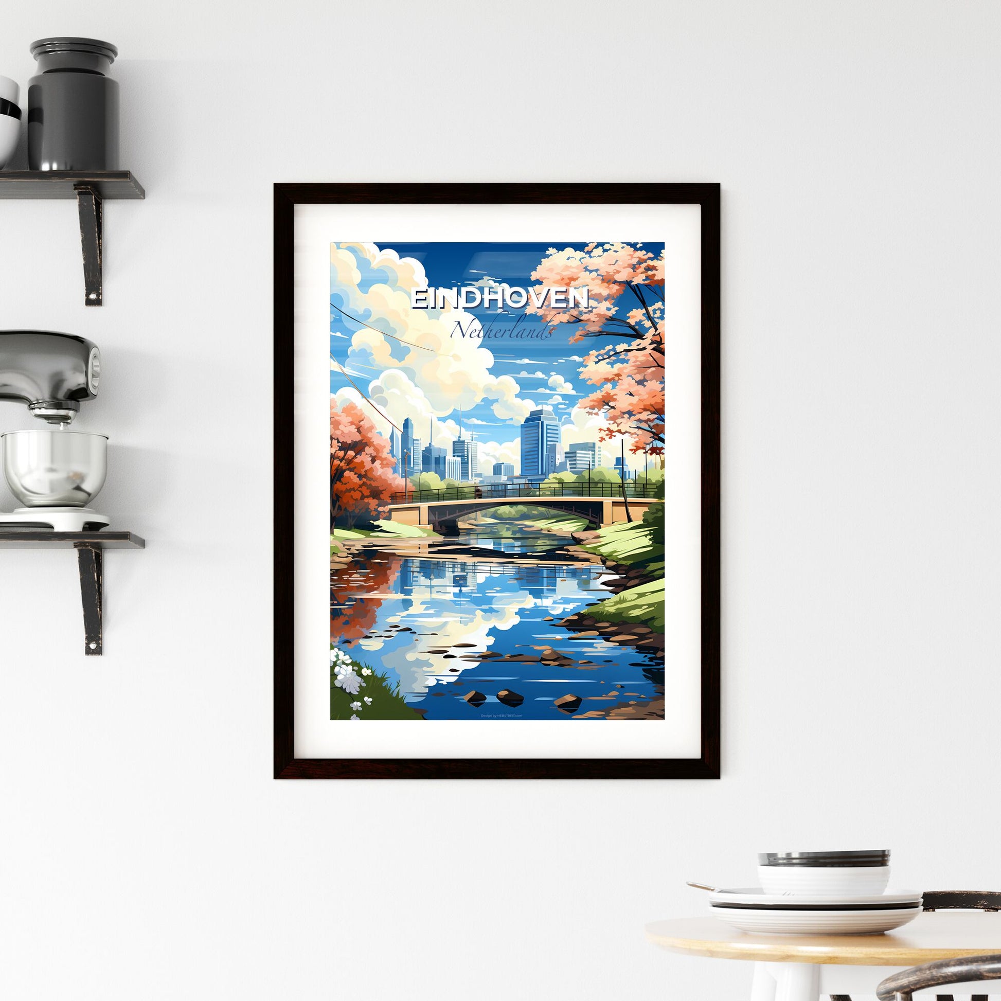 Eindhoven, Netherlands, A Poster of a bridge over a river with trees and a city in the background Default Title