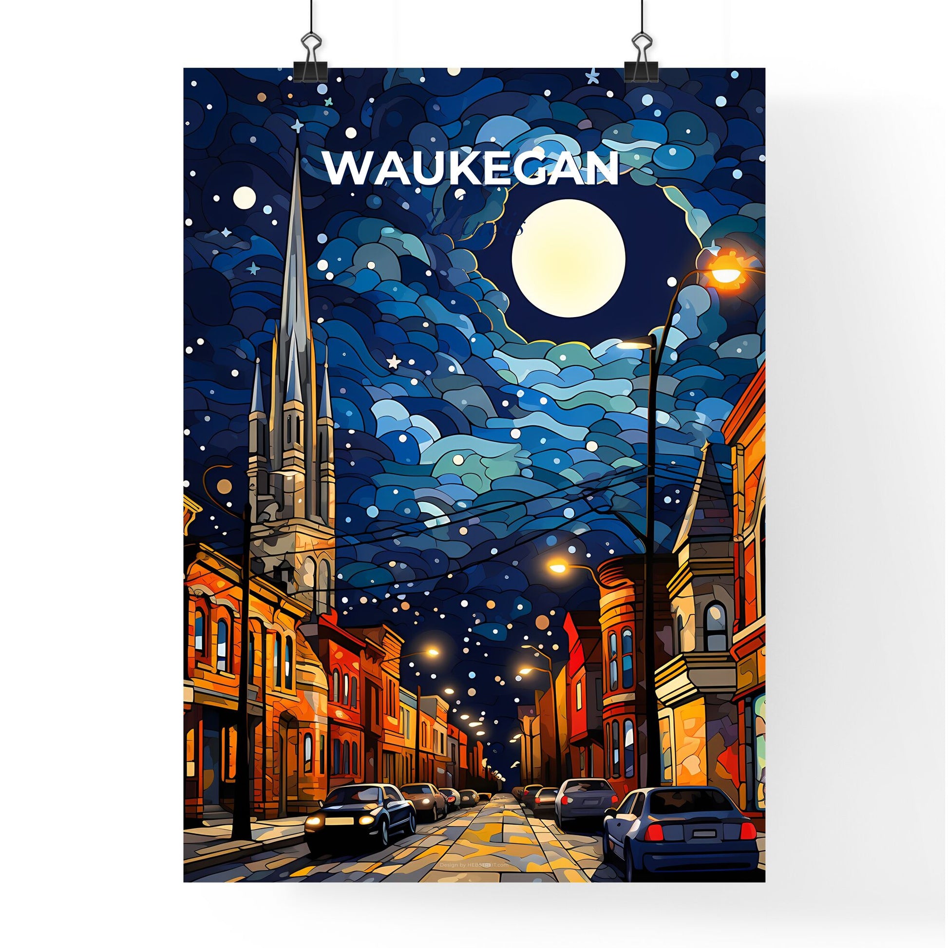 Waukegan, Illinois, A Poster of a street with cars and a church in the background Default Title
