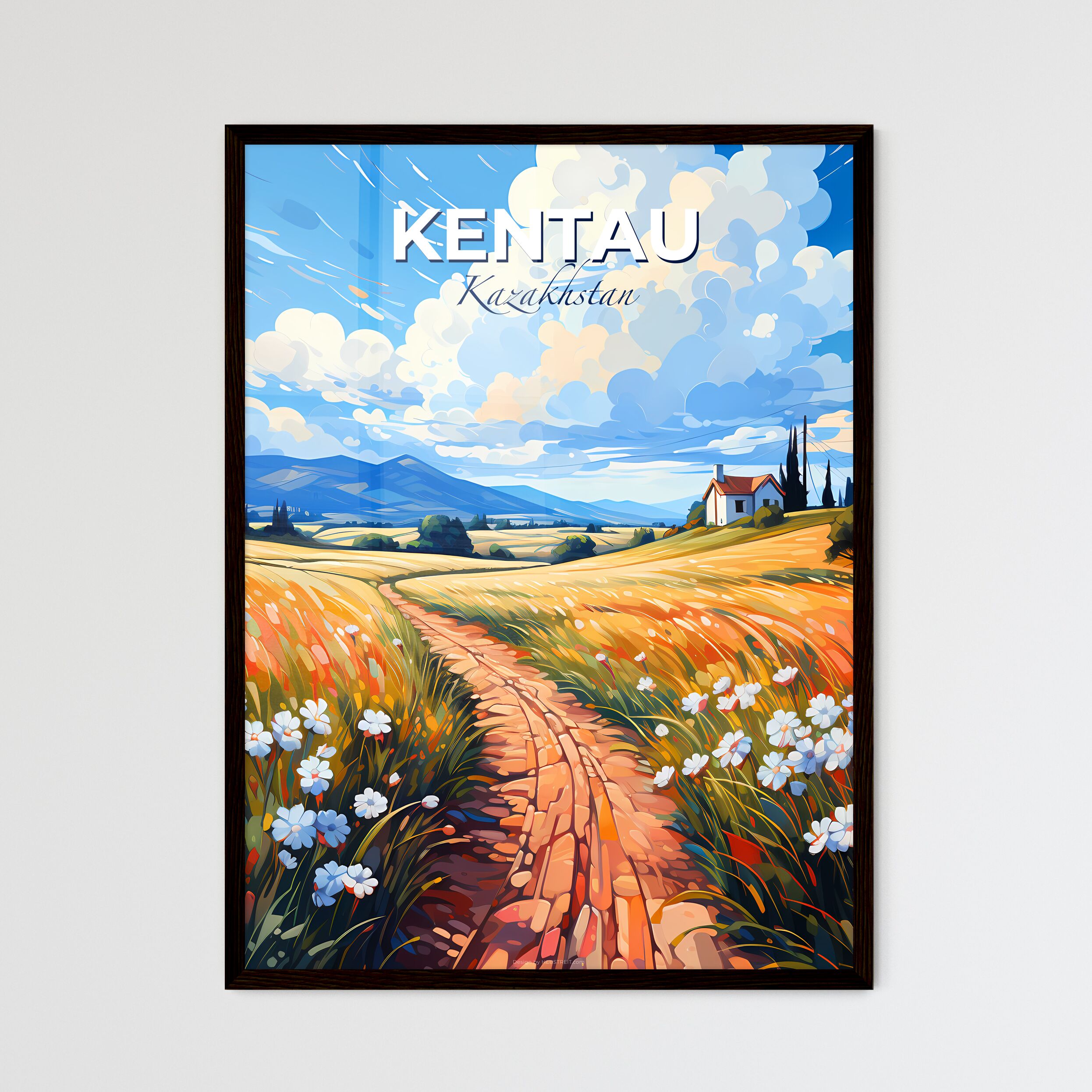 Kentau, Kazakhstan, A Poster of a painting of a field of flowers and a ...