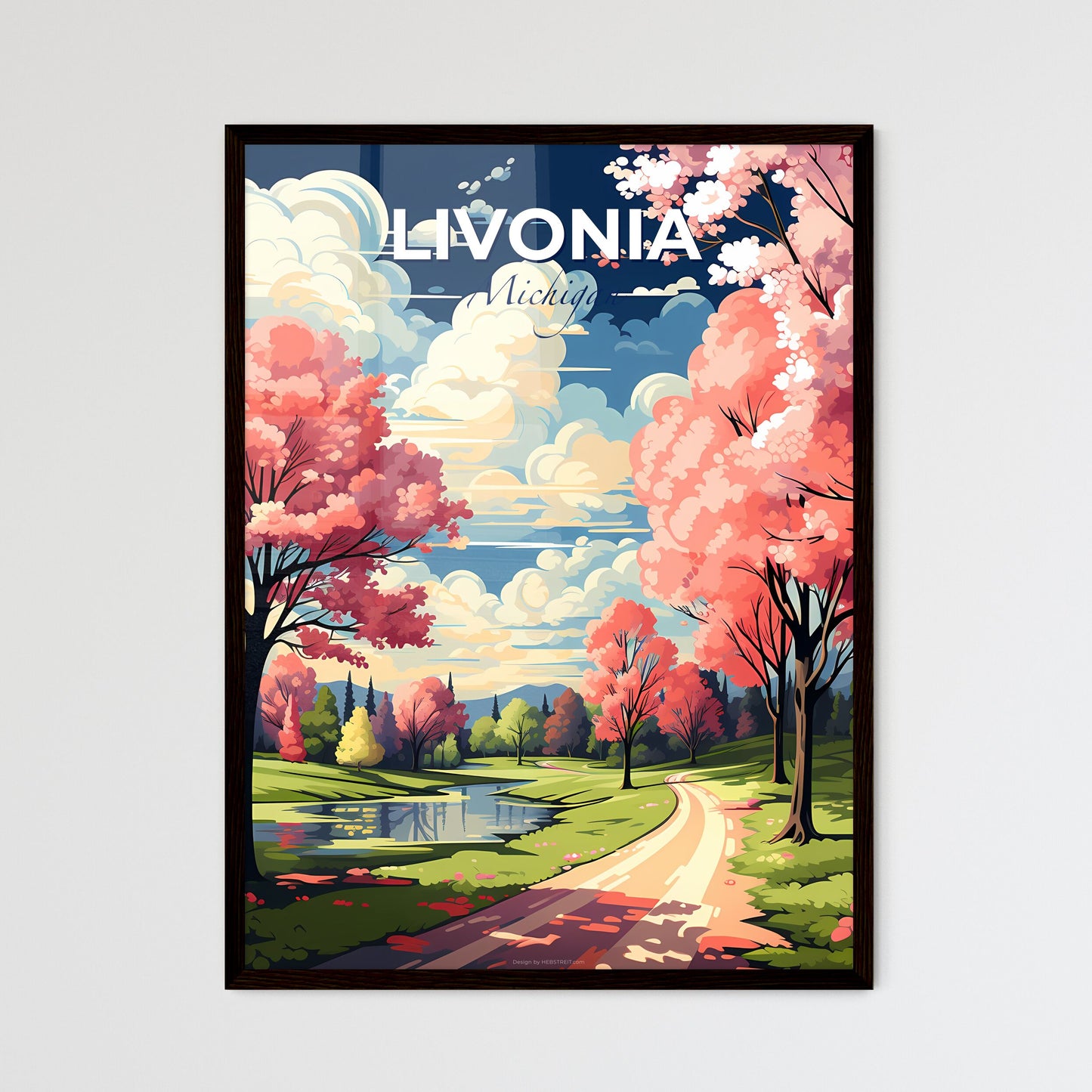 Livonia, Michigan, A Poster of a road with pink trees and a river Default Title