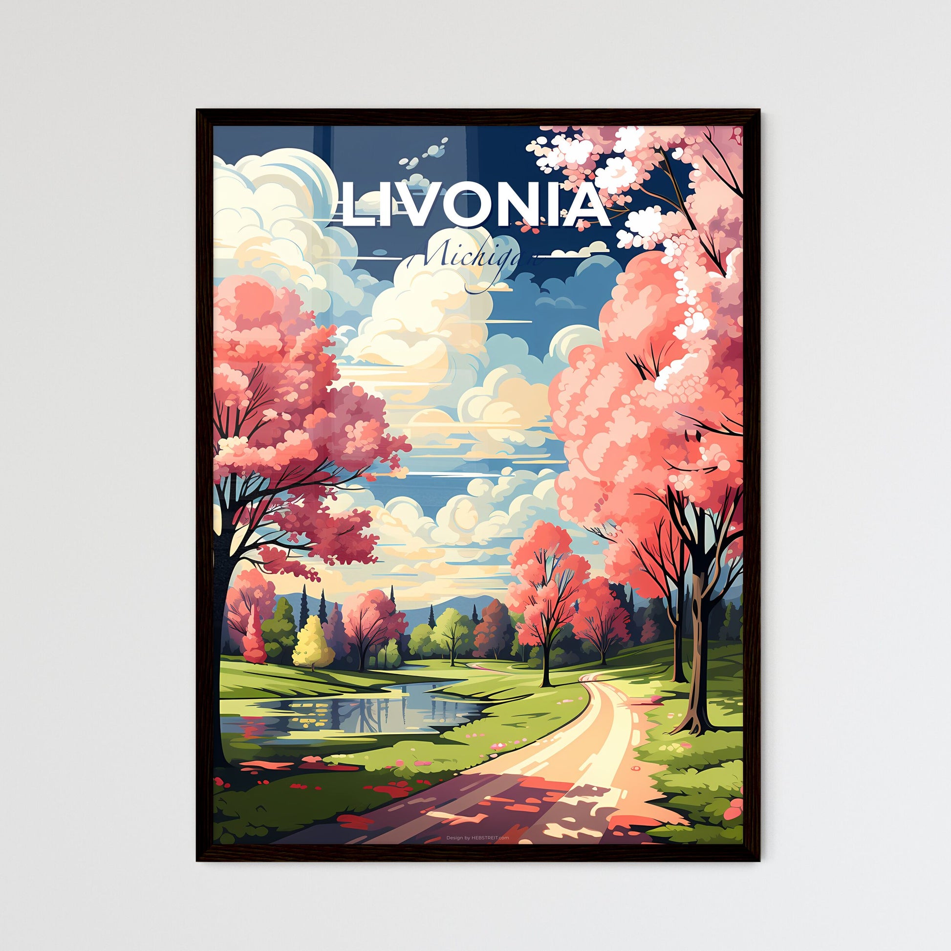 Livonia, Michigan, A Poster of a road with pink trees and a river Default Title