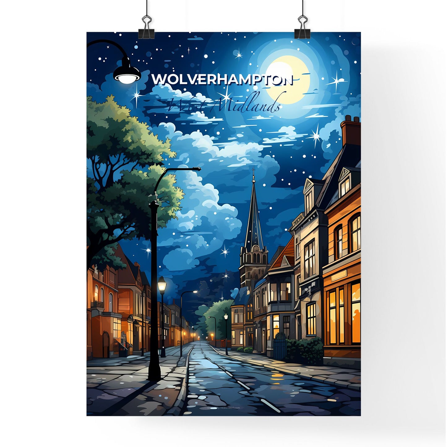 Wolverhampton, West Midlands, A Poster of a street with buildings and trees at night Default Title