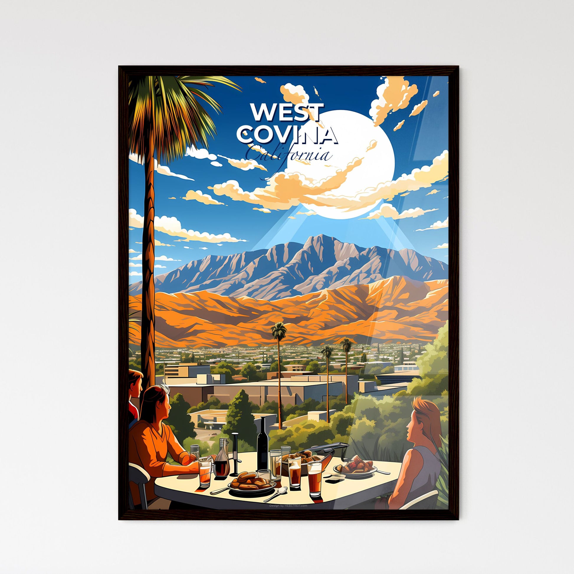 West Covina, California, A Poster of a group of people sitting at a table with food and a city in the background Default Title