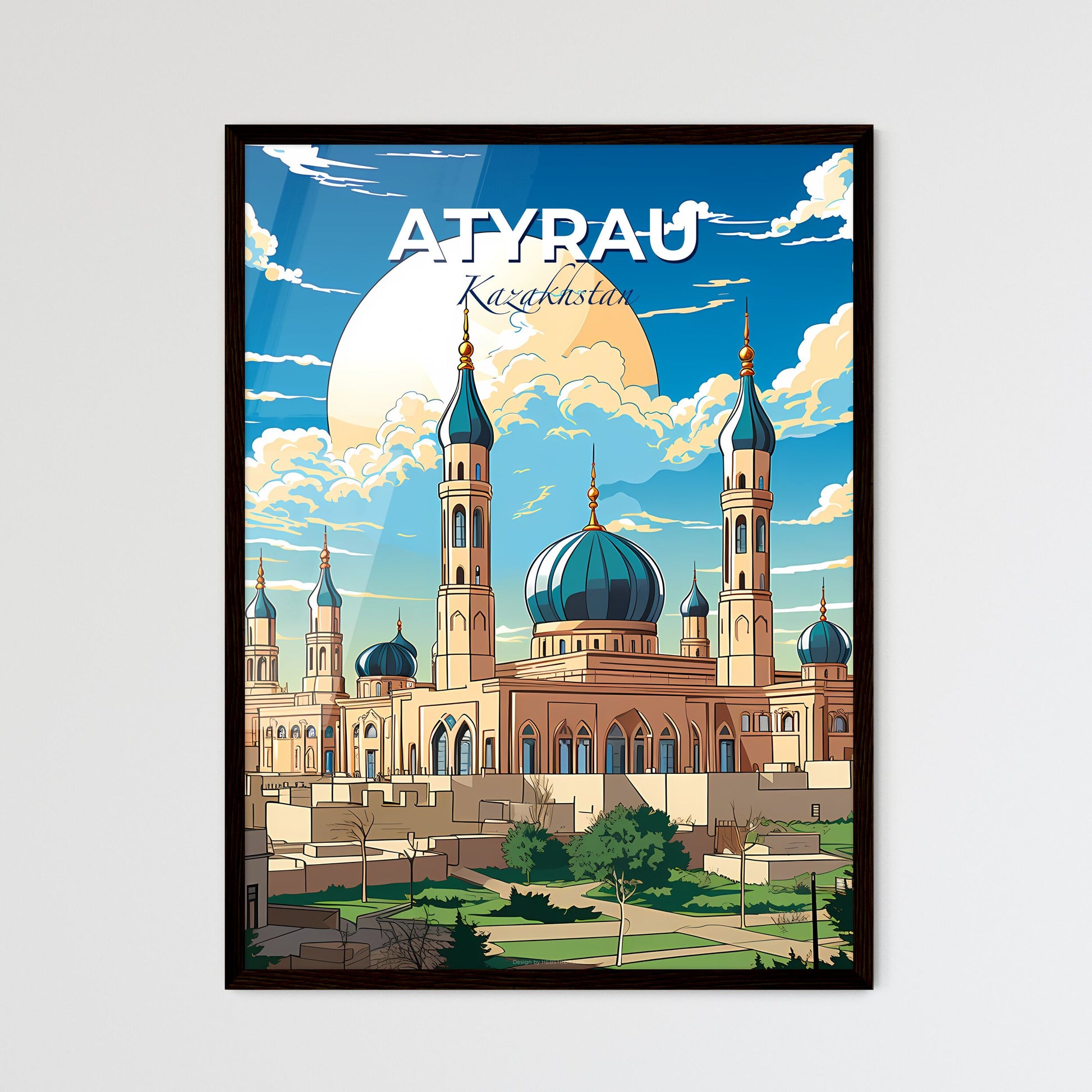 Atyrau, Kazakhstan, A Poster of a large building with blue domes and a large sun Default Title