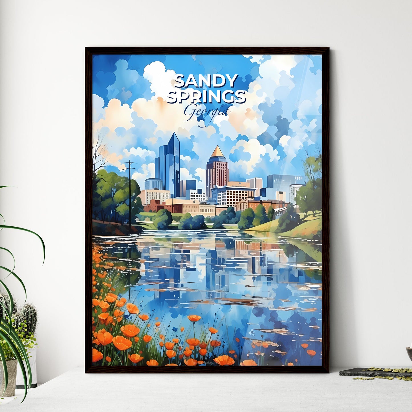 Sandy Springs, Georgia, A Poster of a water body with flowers and a city in the background Default Title