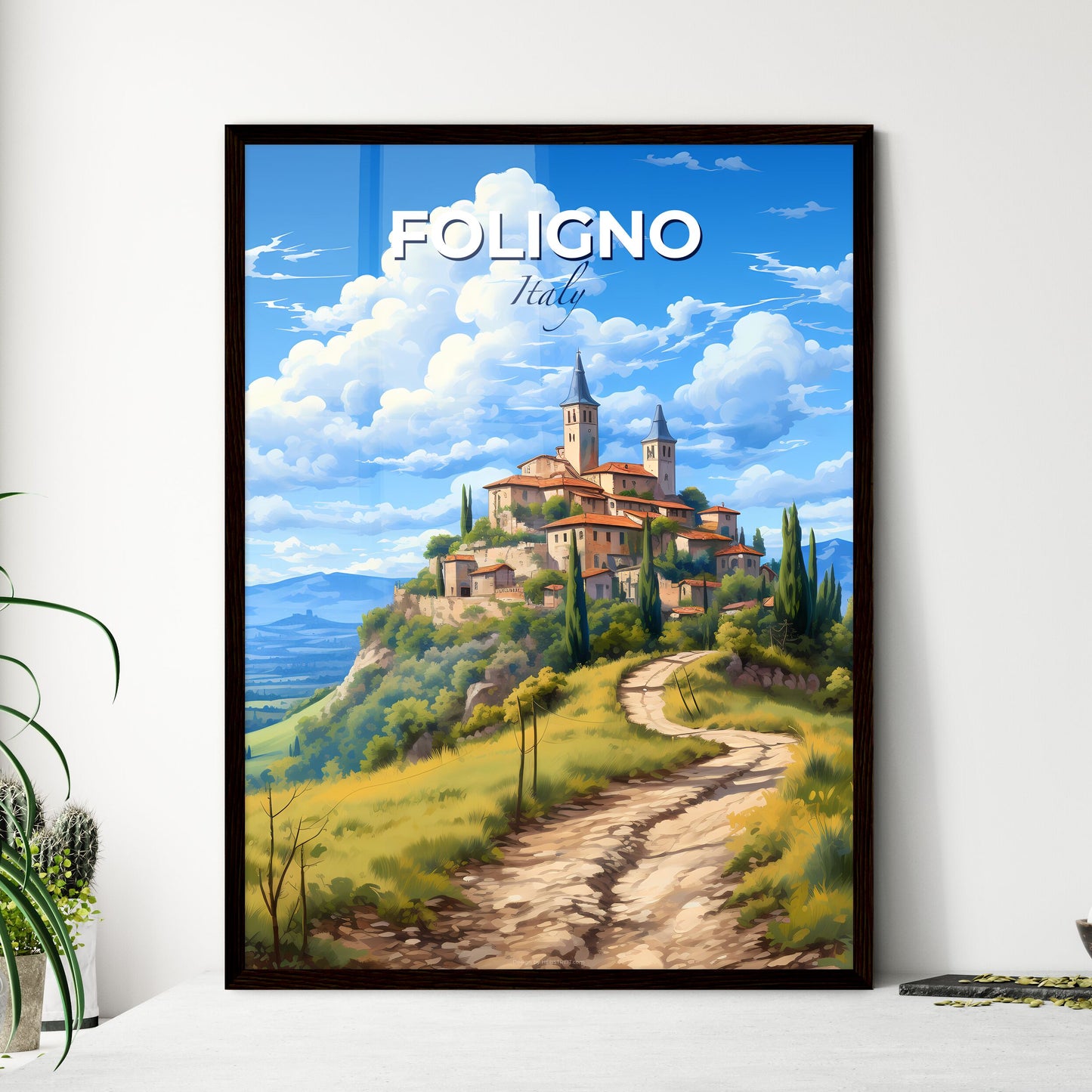 Foligno, Italy, A Poster of a dirt road leading to a village on a hill Default Title