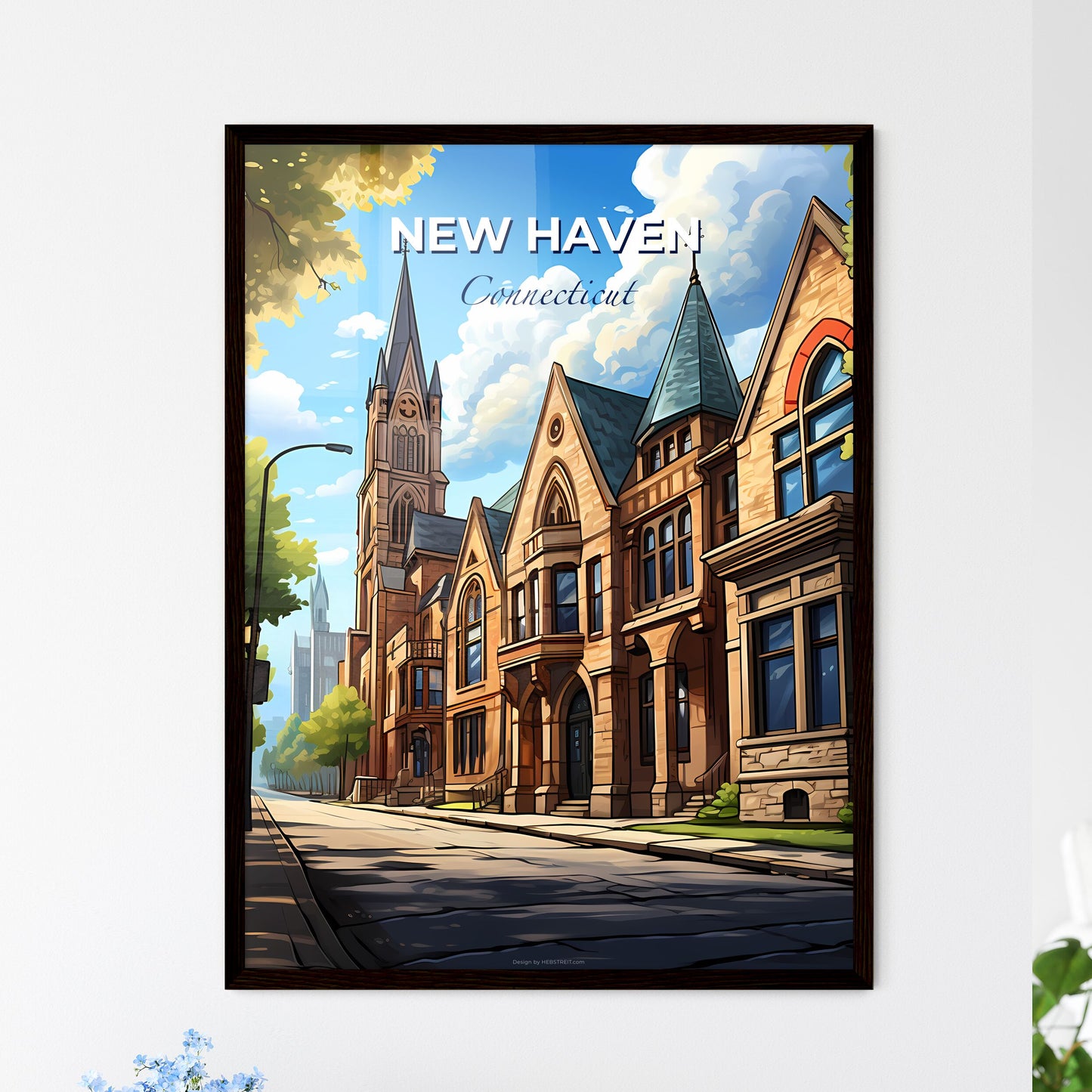 New Haven, Connecticut, A Poster of a building with a steeple and trees on the side of the road Default Title