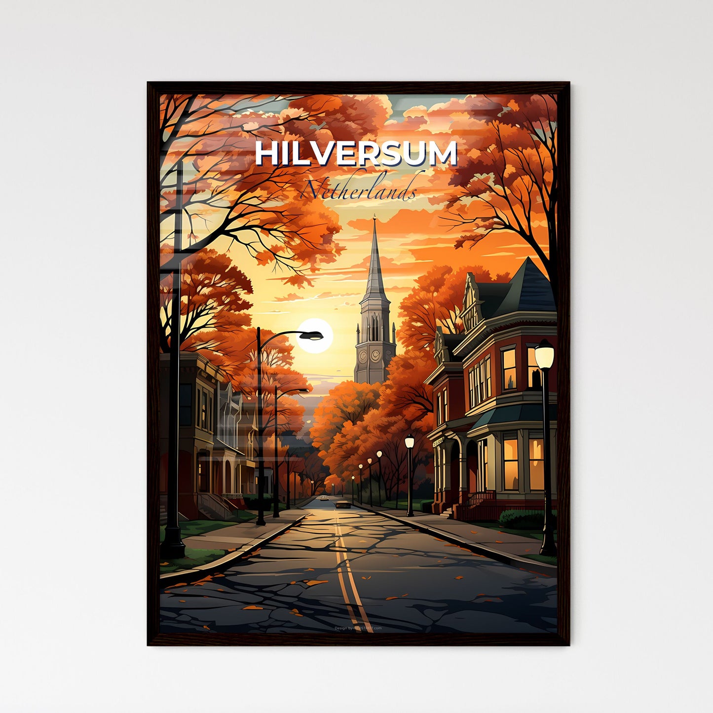 Hilversum, Netherlands, A Poster of a street with trees and a church in the background Default Title