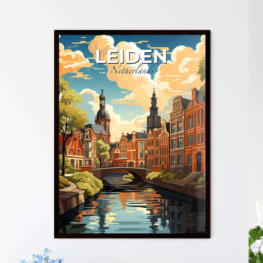 Leiden, Netherlands, A Poster of a river with a bridge and buildings Default Title