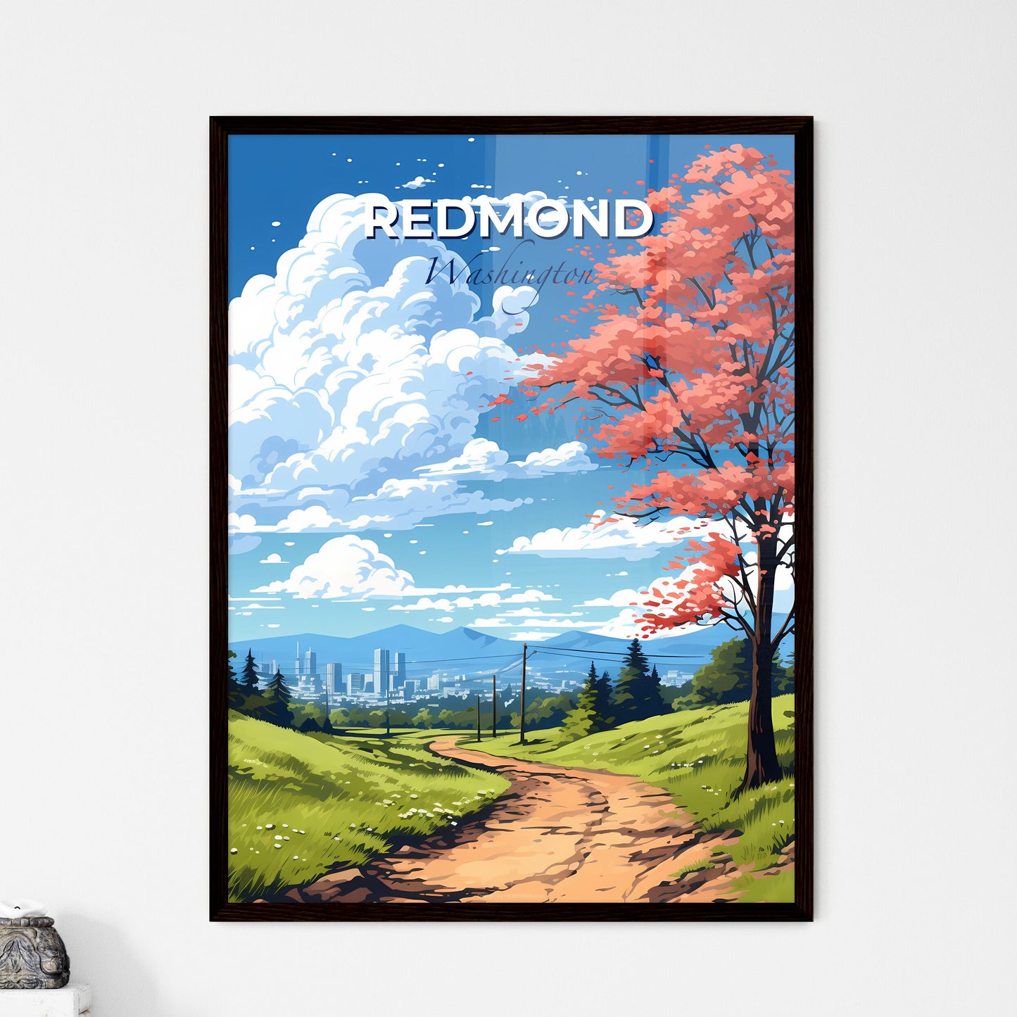 Redmond, Washington, A Poster of a dirt road with red leaves on it and a city in the background Default Title