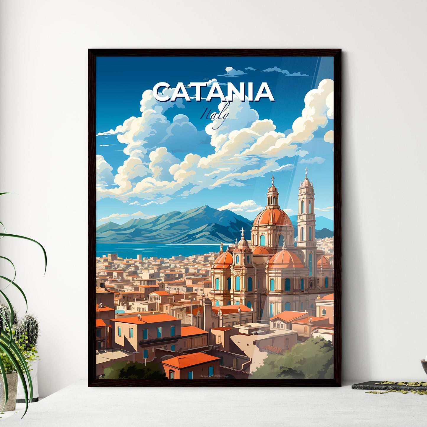 Catania, Italy, A Poster of a large building with orange roofs and a large body of water Default Title