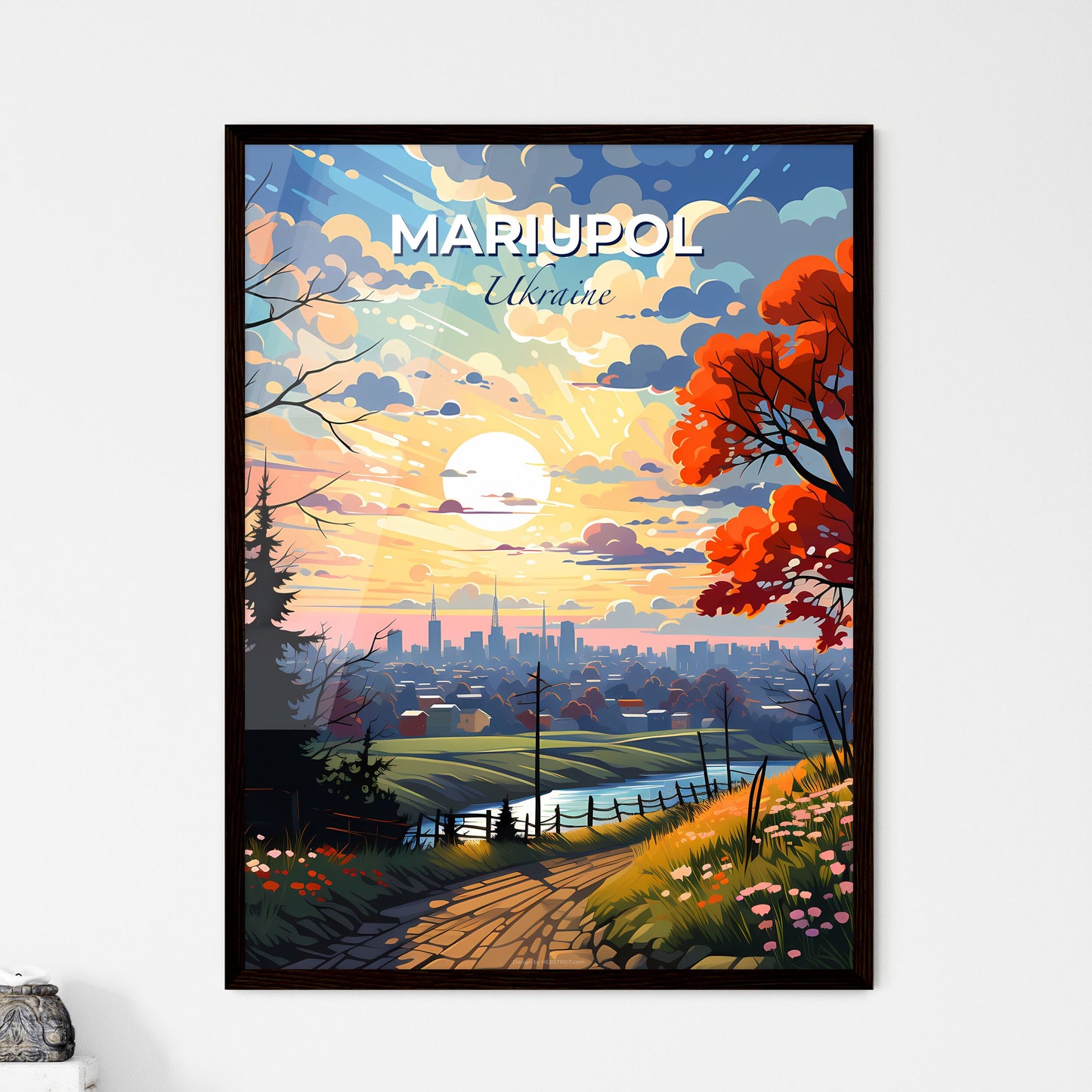 Mariupol, Ukraine, A Poster of a landscape with a road and trees and a city in the background Default Title
