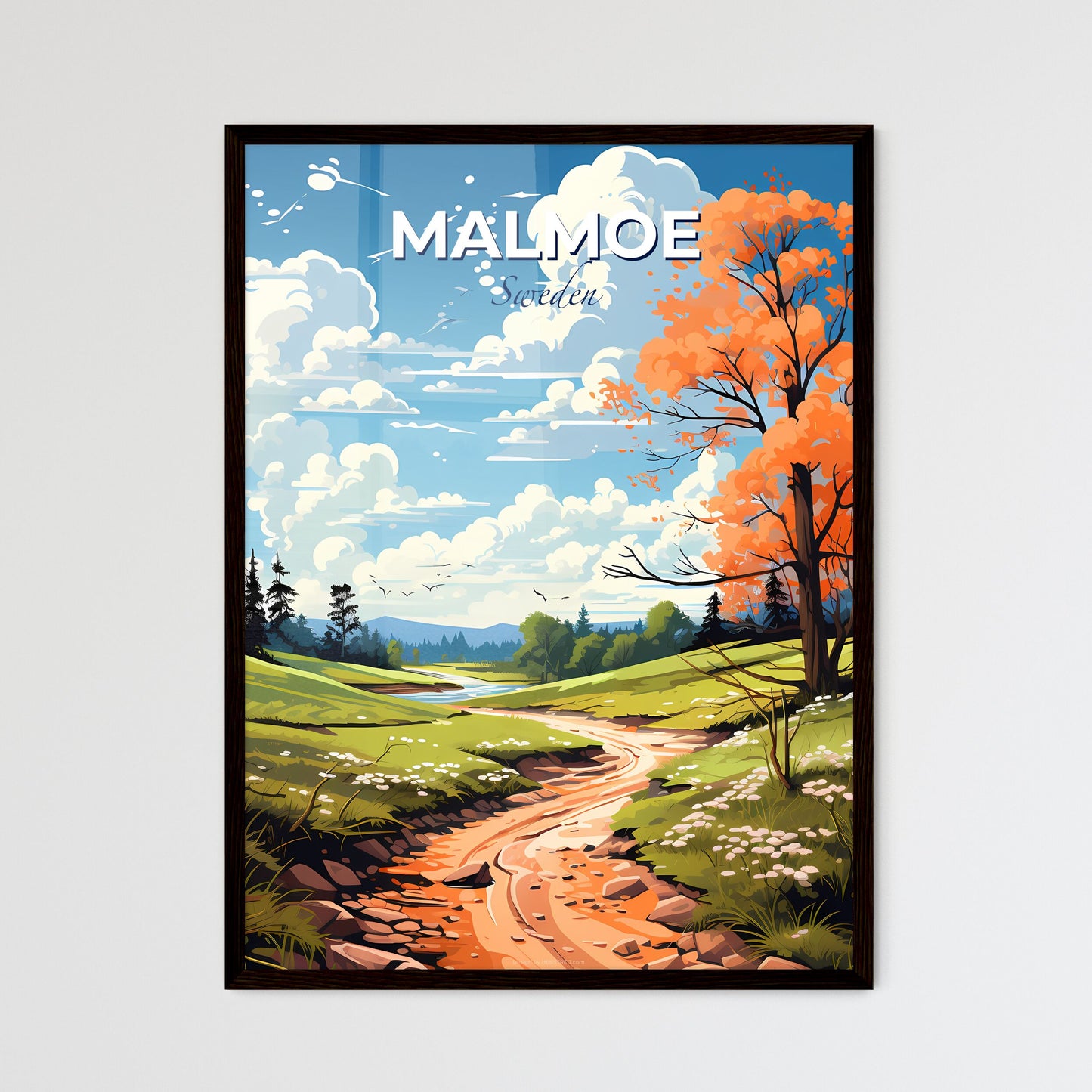 Malmoe, Sweden, A Poster of a landscape with a stream and trees Default Title