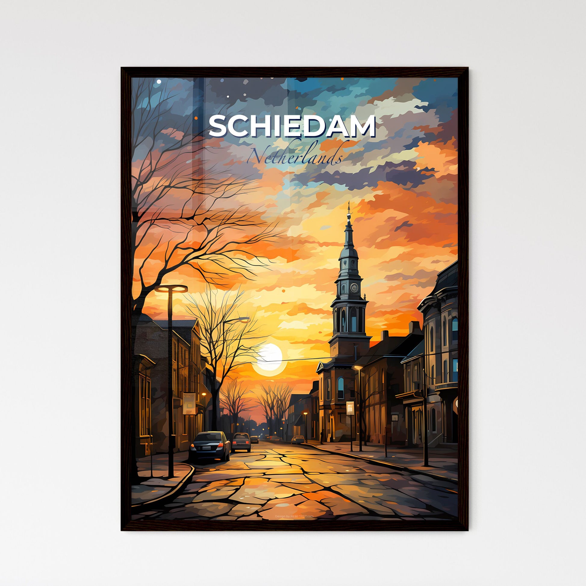 Schiedam, Netherlands, A Poster of a street with a clock tower and buildings in the background Default Title
