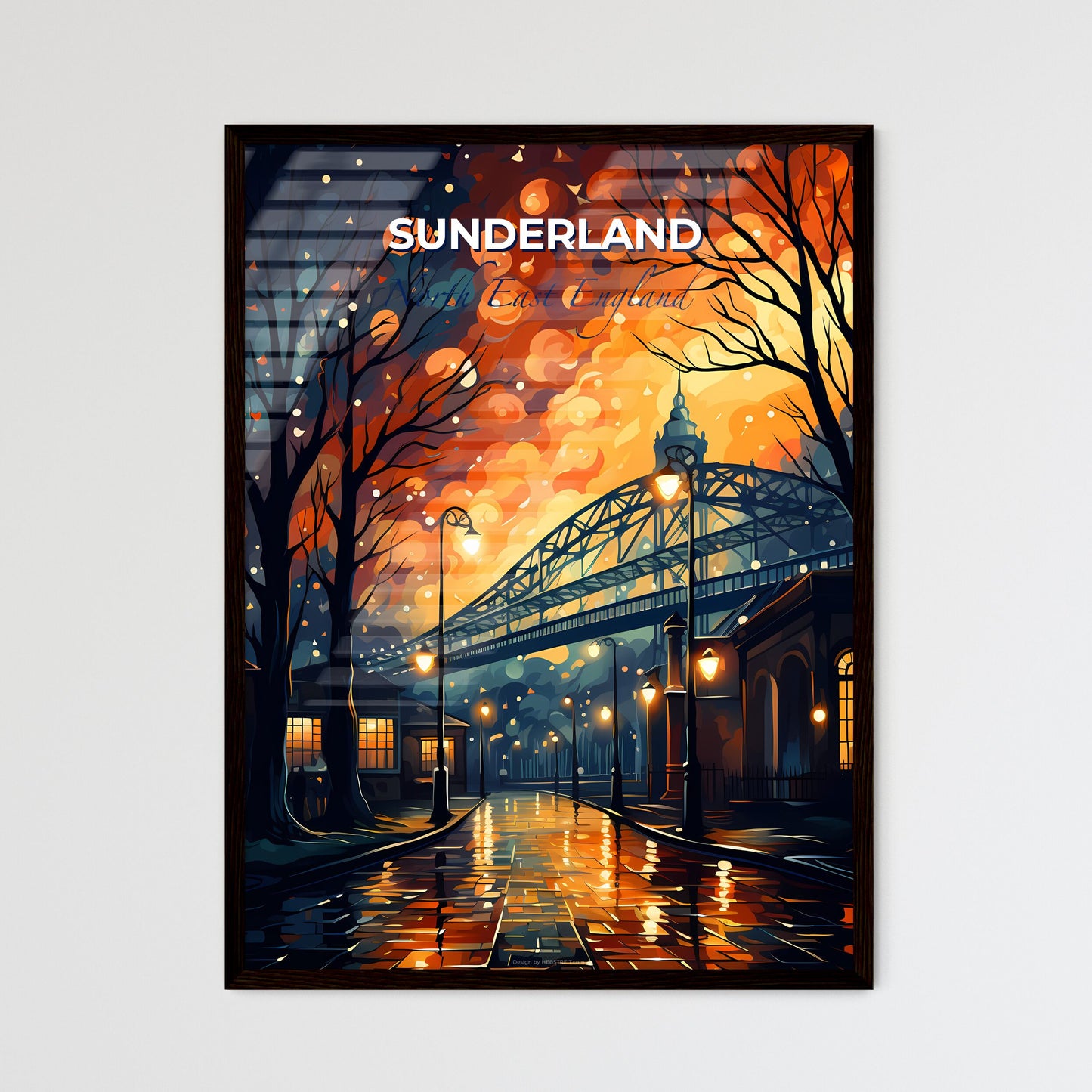 Sunderland, North East England, A Poster of a street with a bridge and trees at night Default Title