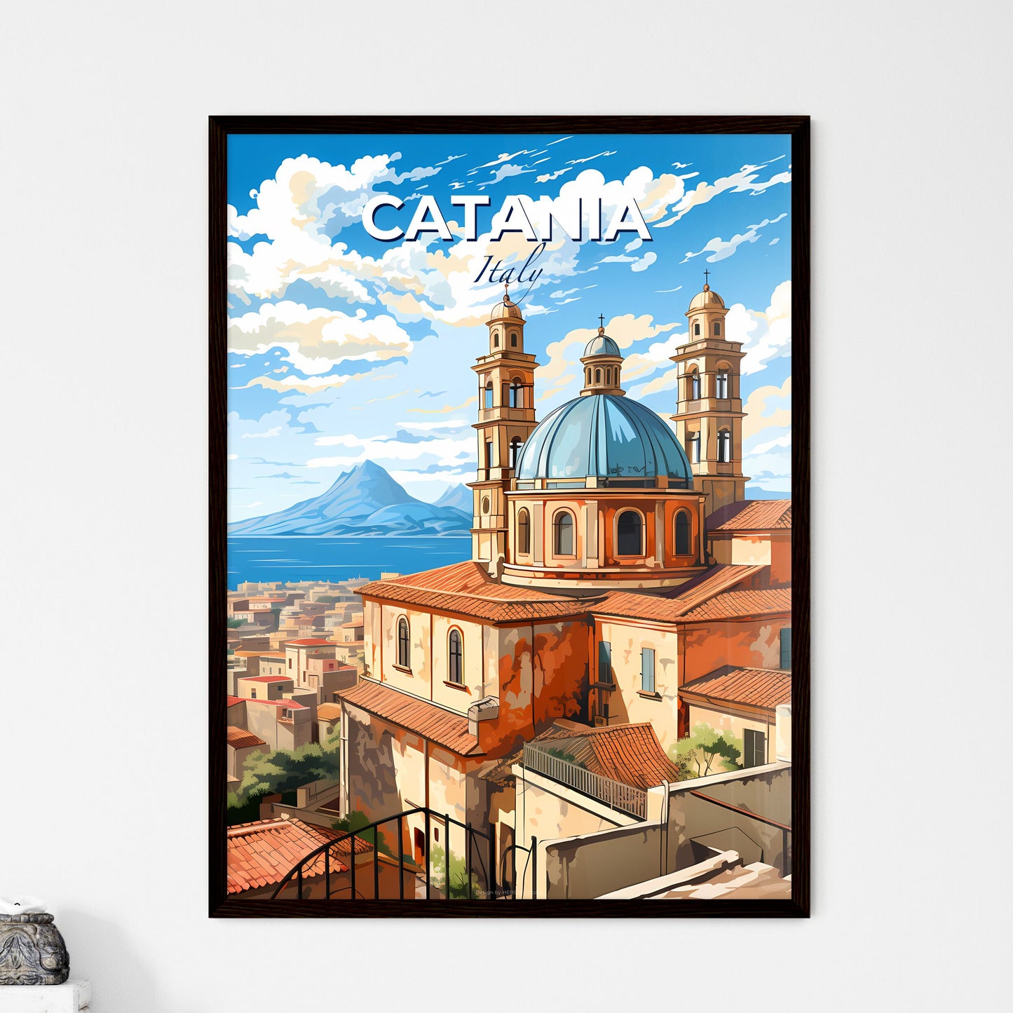 Catania, Italy, A Poster of a building with a blue dome and a city with a mountain in the background Default Title