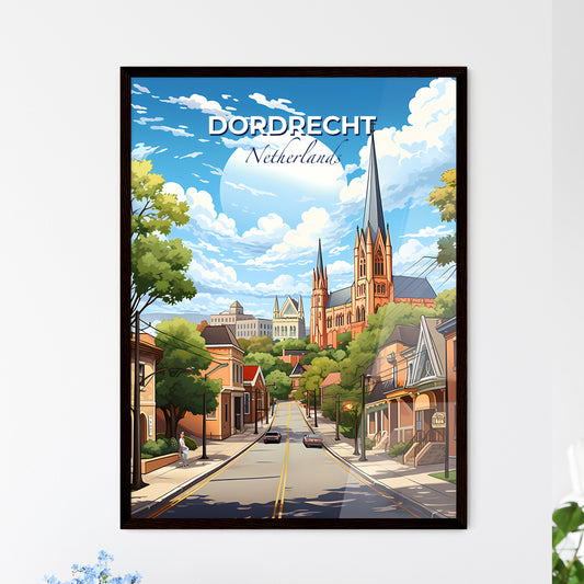 Dordrecht, Netherlands, A Poster of a street with a church and buildings Default Title