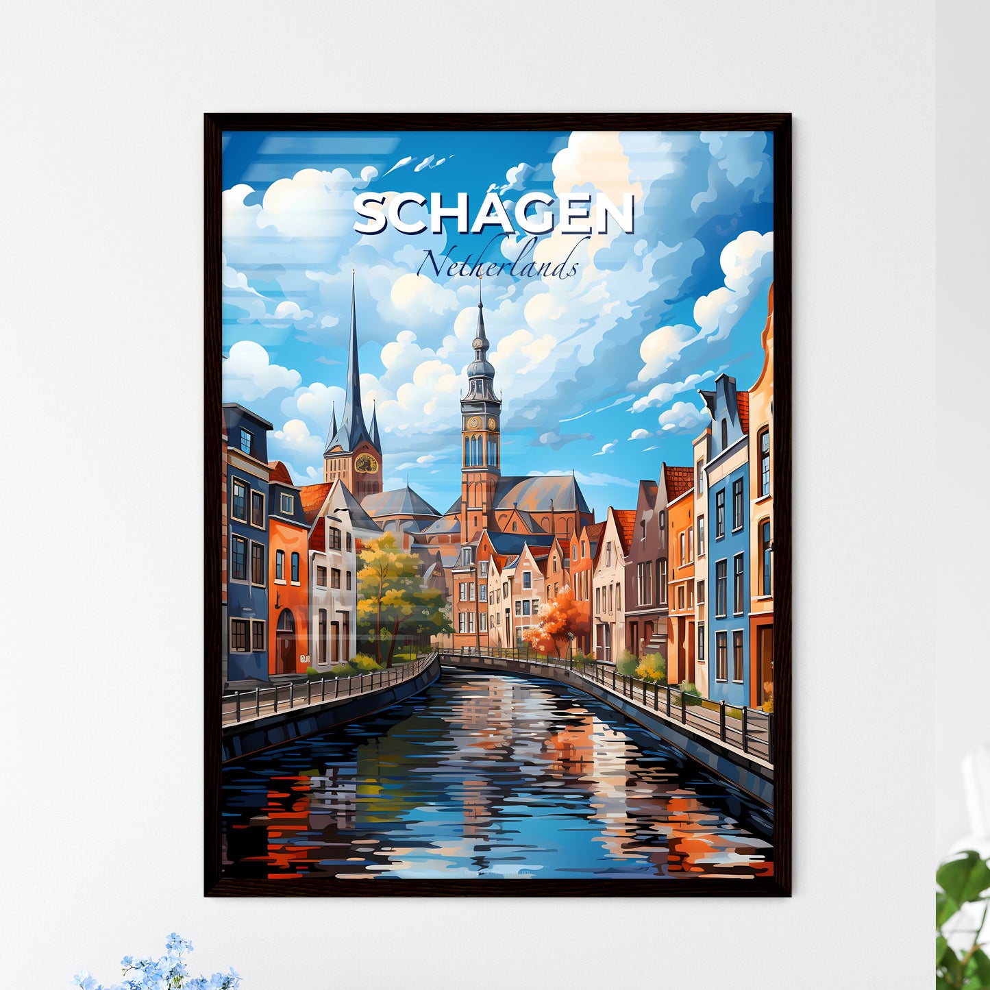 Schagen, Netherlands, A Poster of a water canal with buildings and a clock tower Default Title