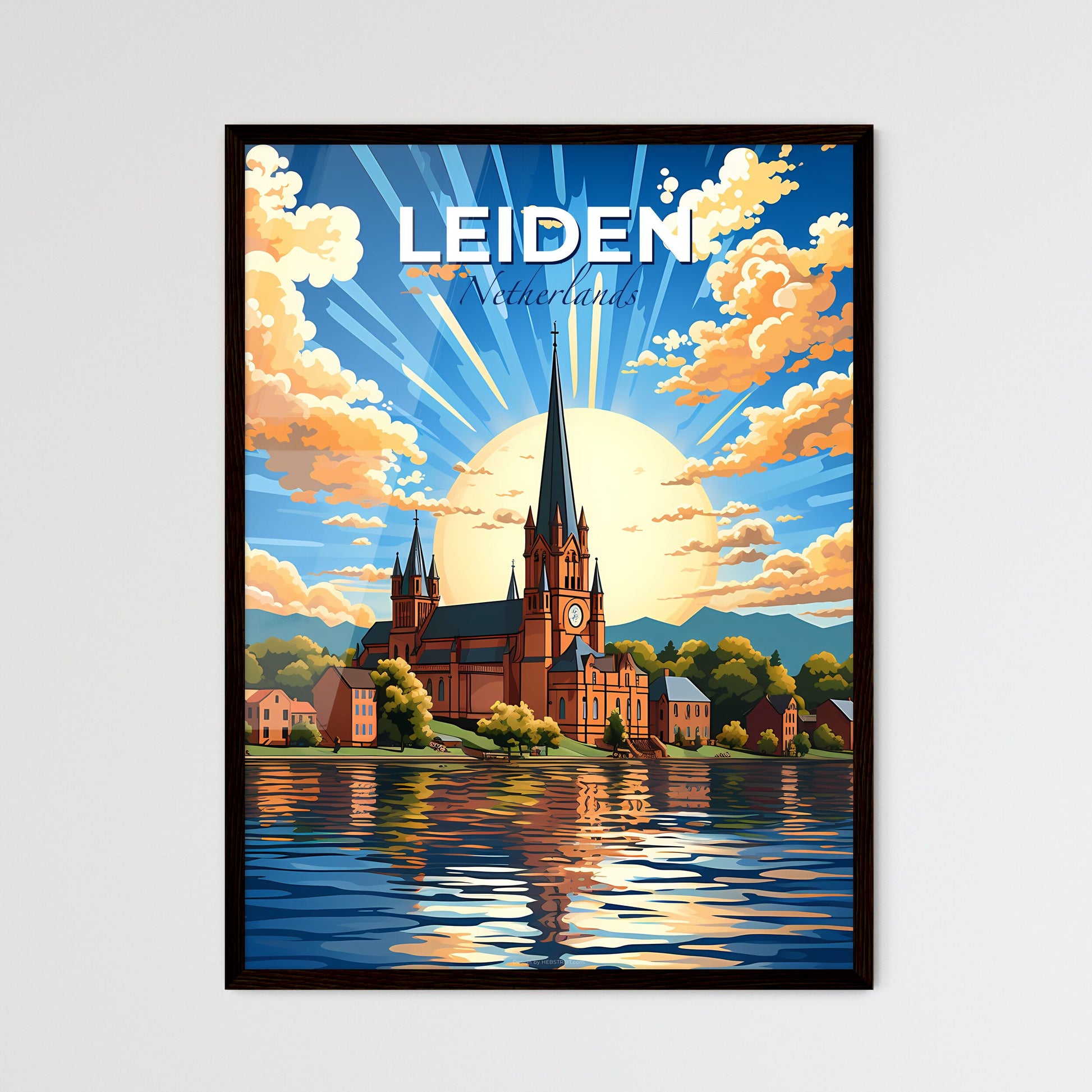 Leiden, Netherlands, A Poster of a church with a clock tower and trees and a lake with sun rays Default Title