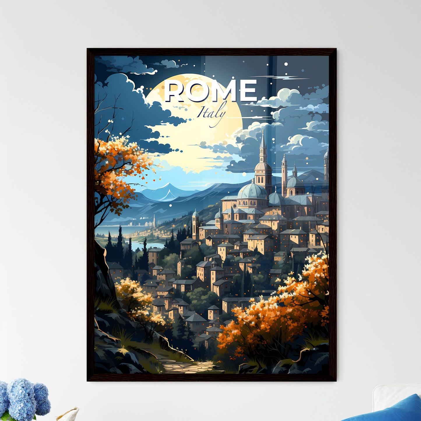 Rome, Italy, A Poster of a city with towers and trees and mountains in the background Default Title